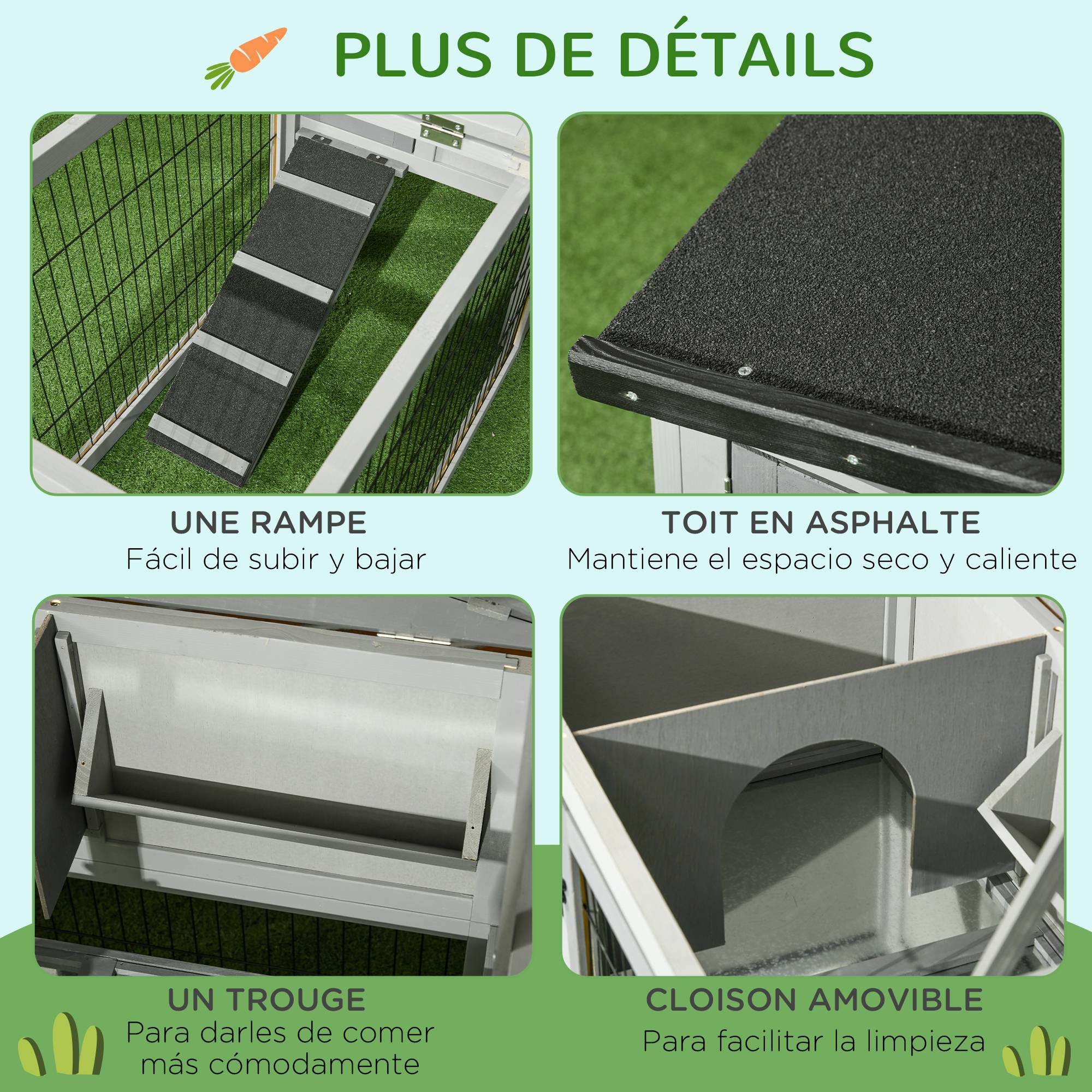 Clapier de sol cage à lapin cottage niche supérieure avec rampe enclos extérieur 150 x 52 x 68 cm gris - Image 9