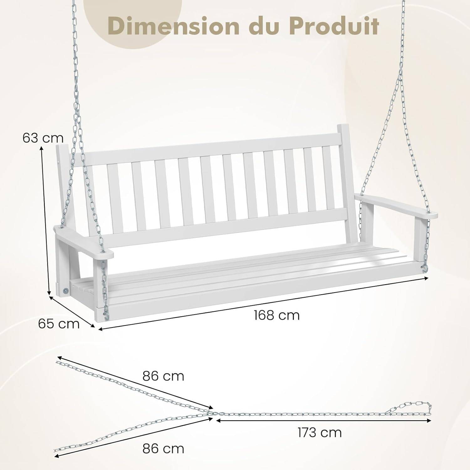 Balançoire de Porche Suspendue pour 3 Personnes,Banc Suspendu, Charge 360KG(Blanc,3 Places) - Image 3