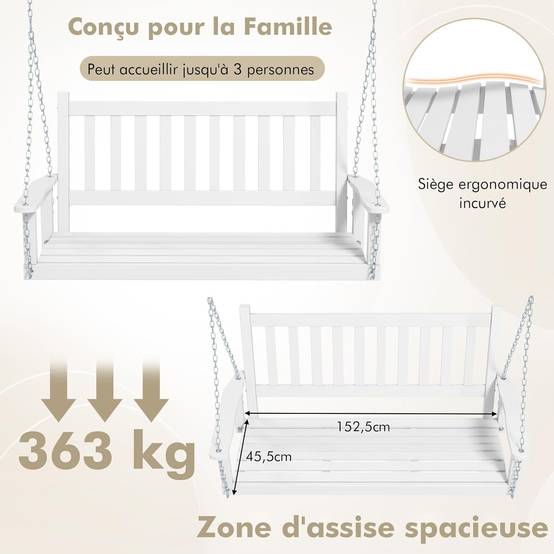 Balançoire de Porche Suspendue pour 3 Personnes,Banc Suspendu, Charge 360KG(Blanc,3 Places) - Image 2