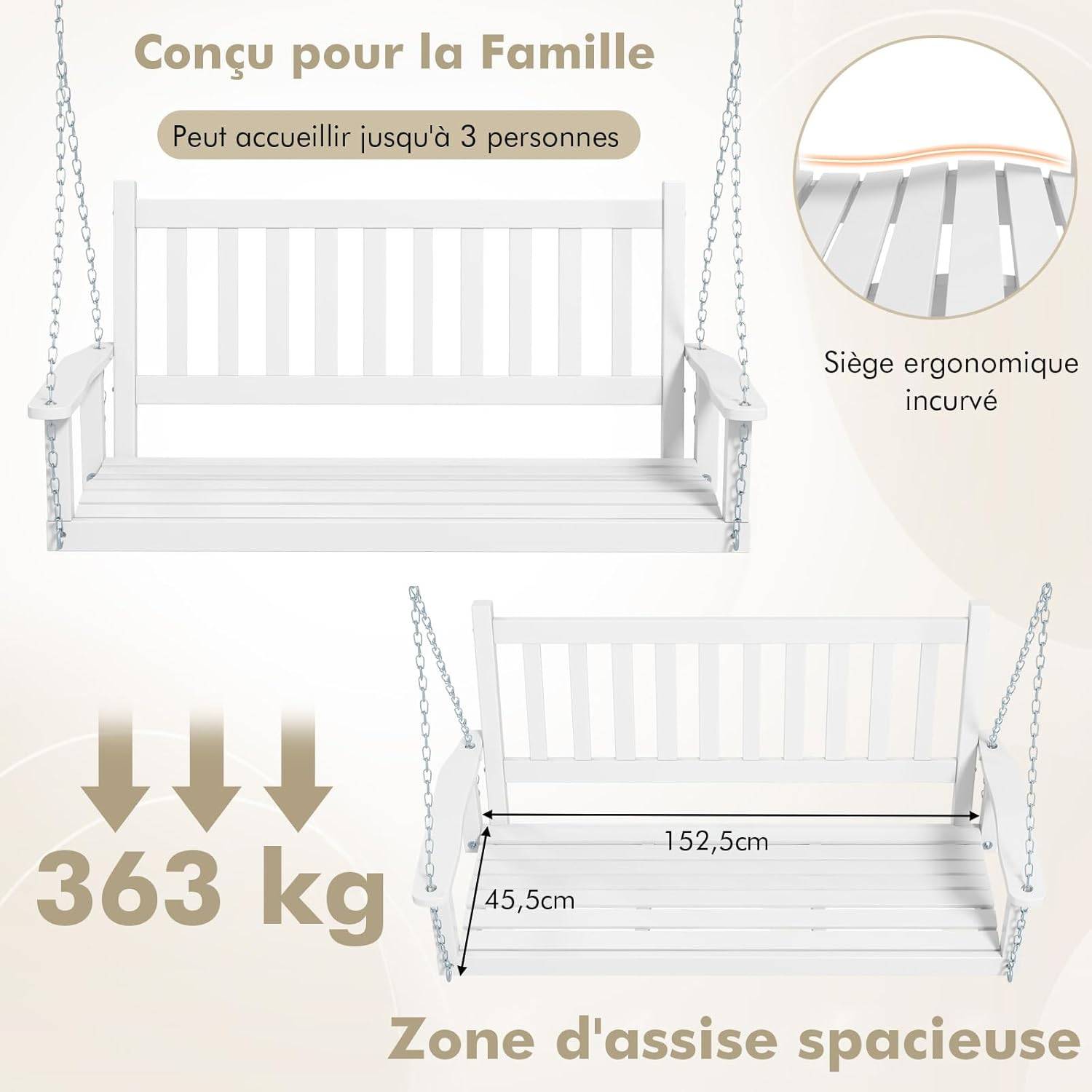 Balançoire de Porche Suspendue pour 3 Personnes,Banc Suspendu, Charge 360KG(Blanc,3 Places) - Image 2