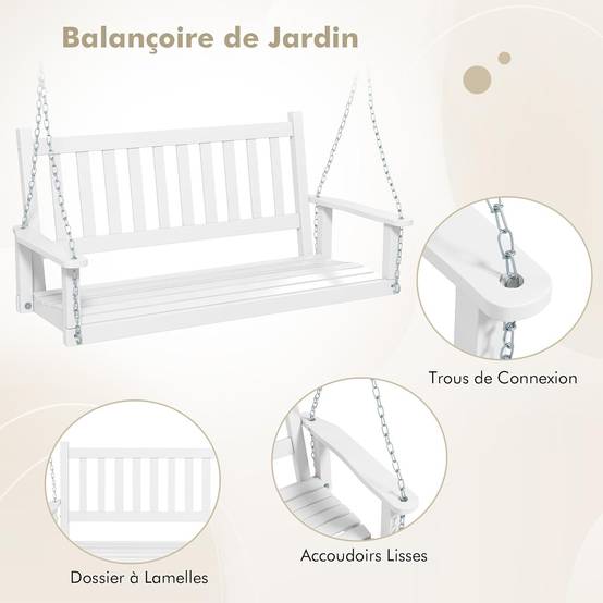 Balançoire de Porche Suspendue pour 3 Personnes,Banc Suspendu, Charge 360KG(Blanc,3 Places) - Image 1