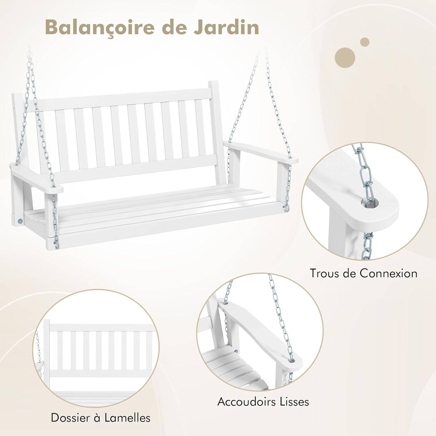 Balançoire de Porche Suspendue pour 3 Personnes,Banc Suspendu, Charge 360KG(Blanc,3 Places) - Image 1
