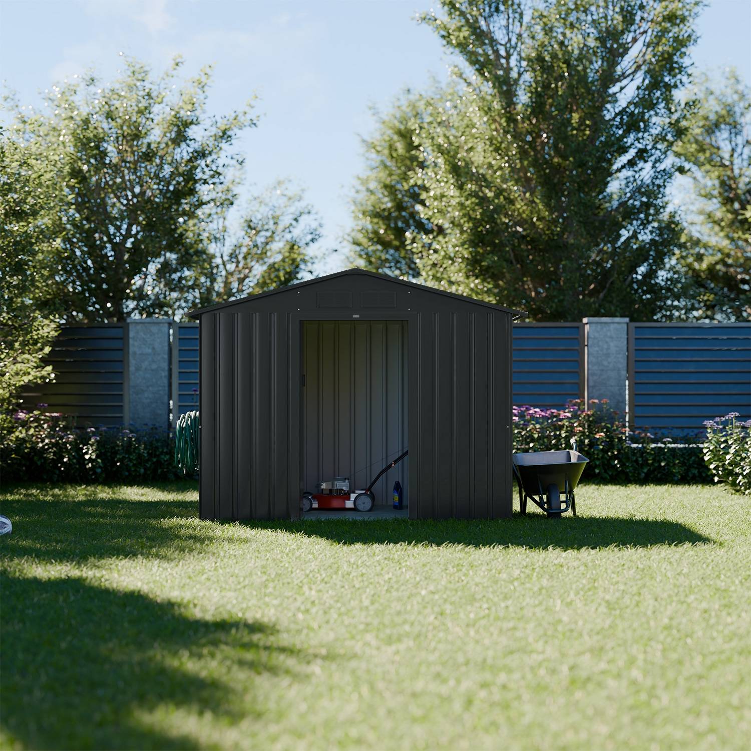 sweeek - Abri de jardin en métal - Houtland. 2.71 m² anthracite - Cabane à outils avec double portes coulissantes. kit de fixation sol inclus. L 213 x | sweeek - Image 1