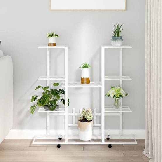 Porte-pots roulant en Fer Grande capacité pour Terrasse et Balcon Blanc 94.5x24.5x91.5 cm – ComfortXL Outdoor Living - Image 1