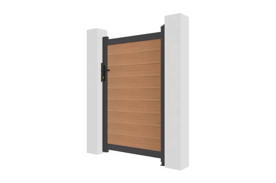 Casanoov Portillon bois composite 1m ATHOS H.160cm teck avec cadre aluminium + 2 poteaux EIFEL aluminium 15x15cm 140 x 350 cm Teck - Image 7