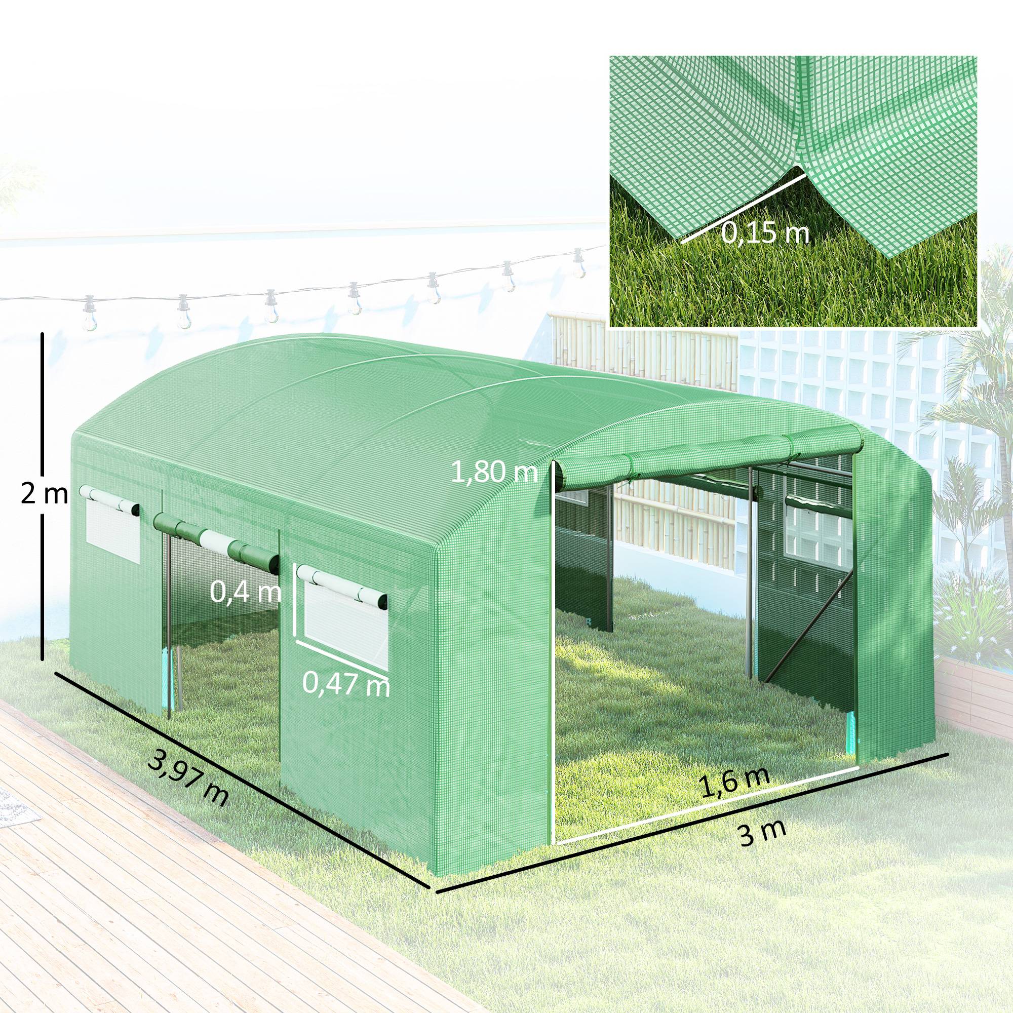 Sans Marque - Serre tunnel 4x3x2 m 6 fenêtres 3 portes sectionnelles polyéthylène acier galvanisé vert - Image 5