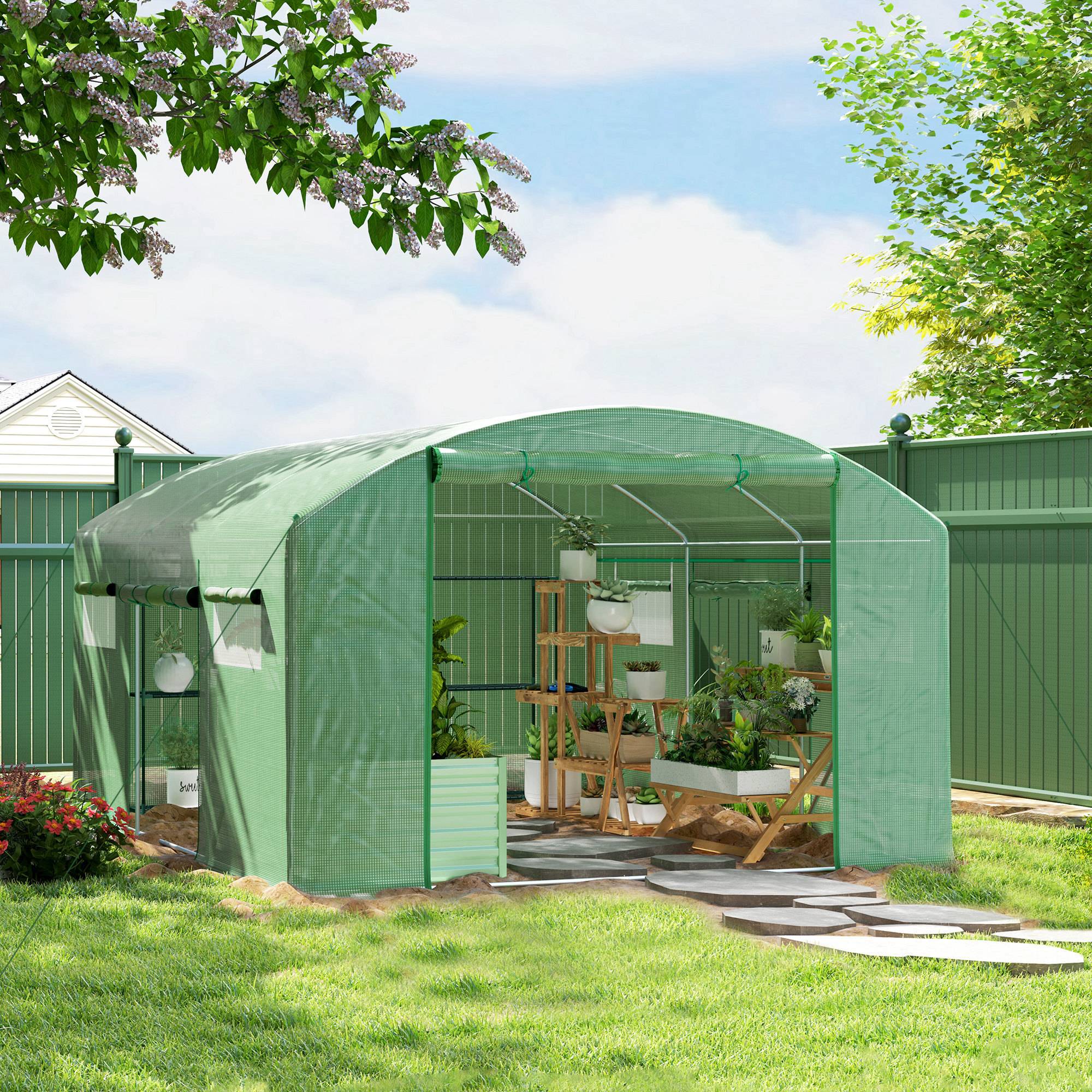 Sans Marque - Serre tunnel 4x3x2 m 6 fenêtres 3 portes sectionnelles polyéthylène acier galvanisé vert - Image 3