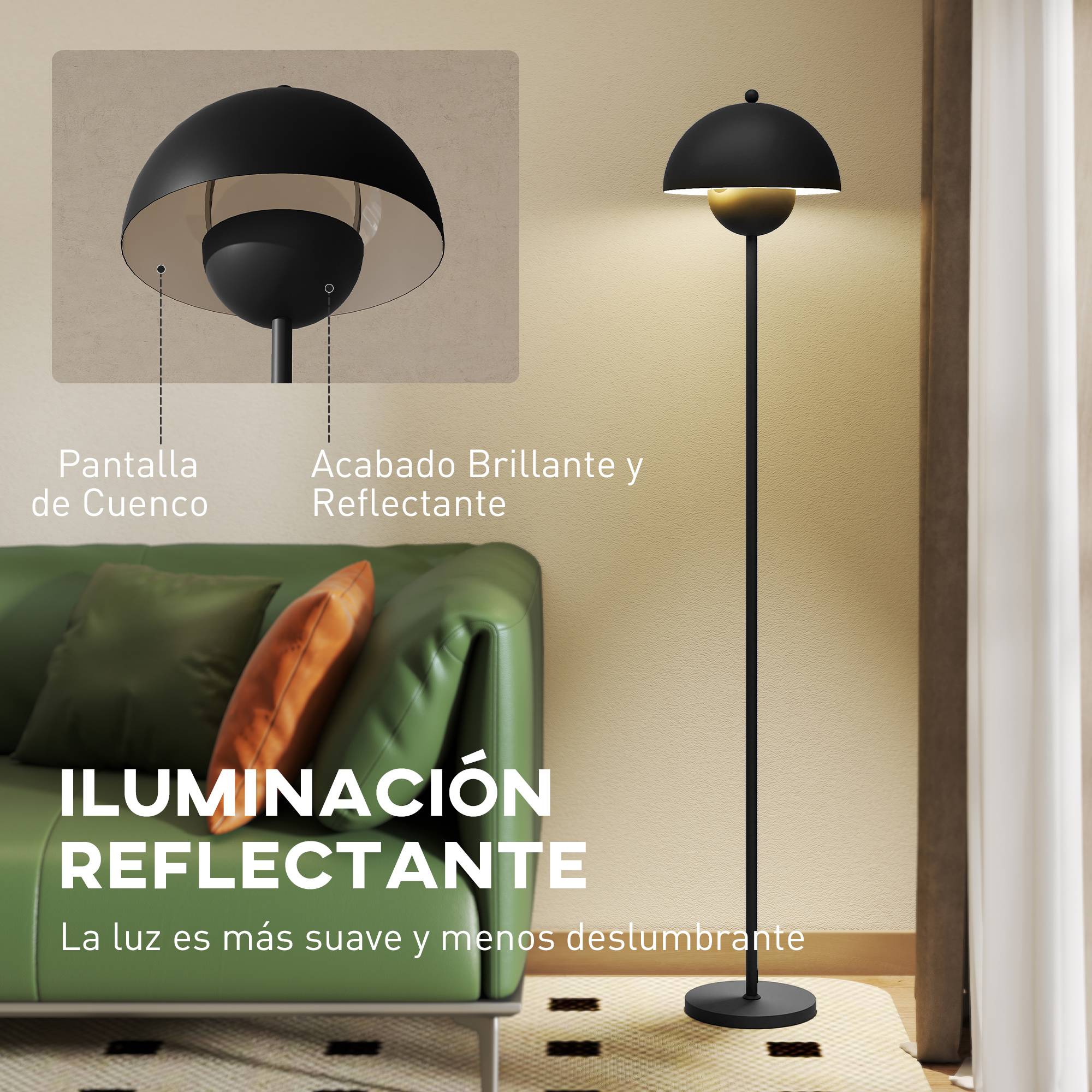 Lampadaire noir abat-jour bol interrupteur au pied douille E27 ampoule non fournie Ø30 × 155 cm salon - Image 7