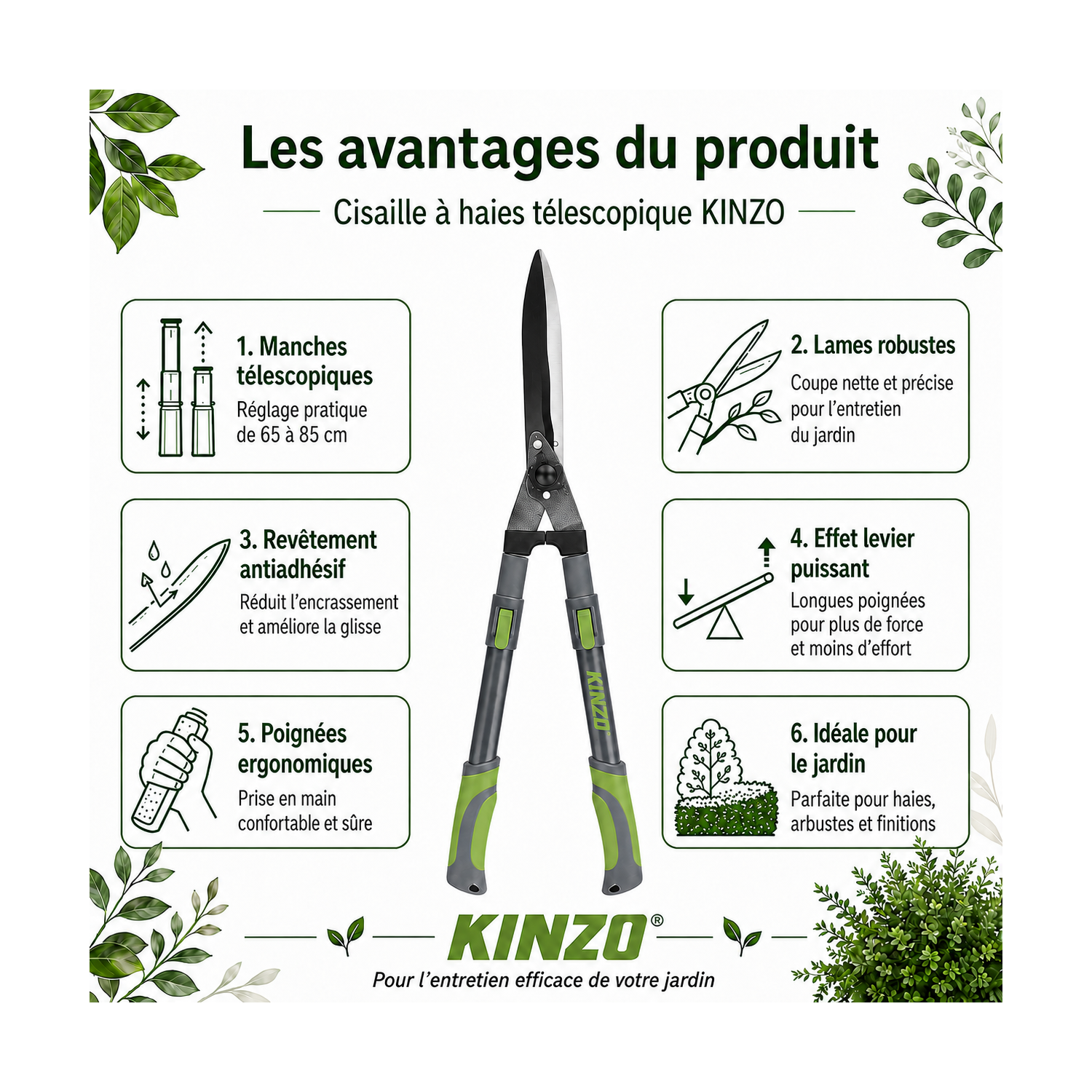 KINZO Cisailles à haies télescopiques 65-85 cm - Poignées ergonomiques ...