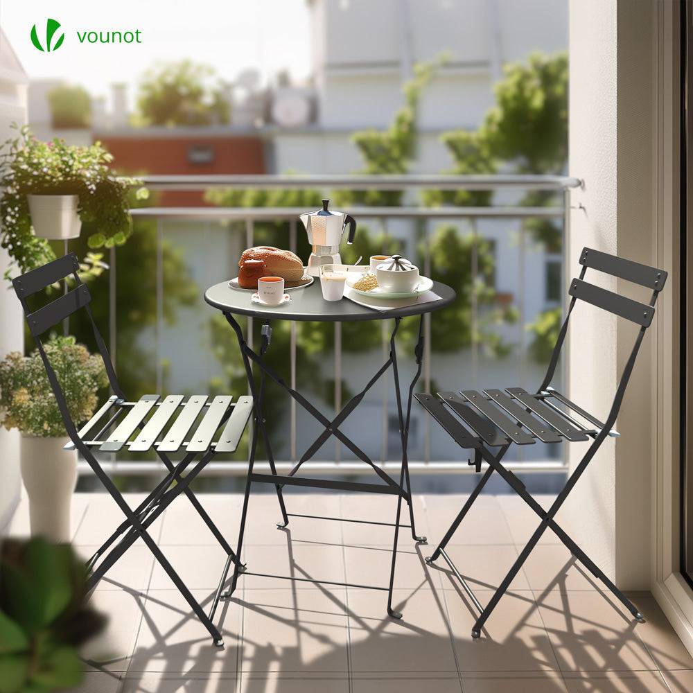 Vounot - Ensemble bistro extérieur 1 table 2 chaises acier gris - Image 3
