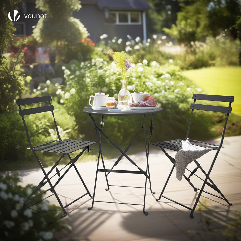 Vounot - Ensemble bistro extérieur 1 table 2 chaises acier gris - Image 2