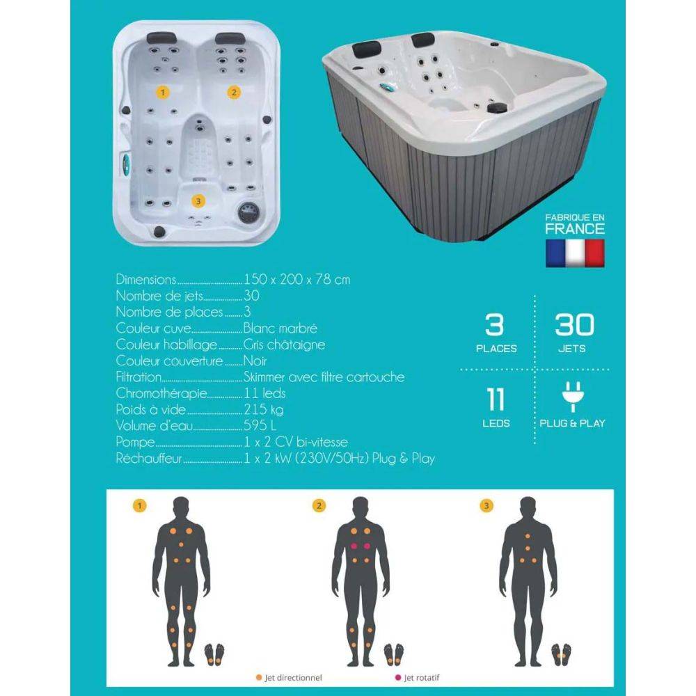 Alpina - Spa rigide gris et blanc marbré jets et leds Costa (3 places dont 2 allongées) - Image 3