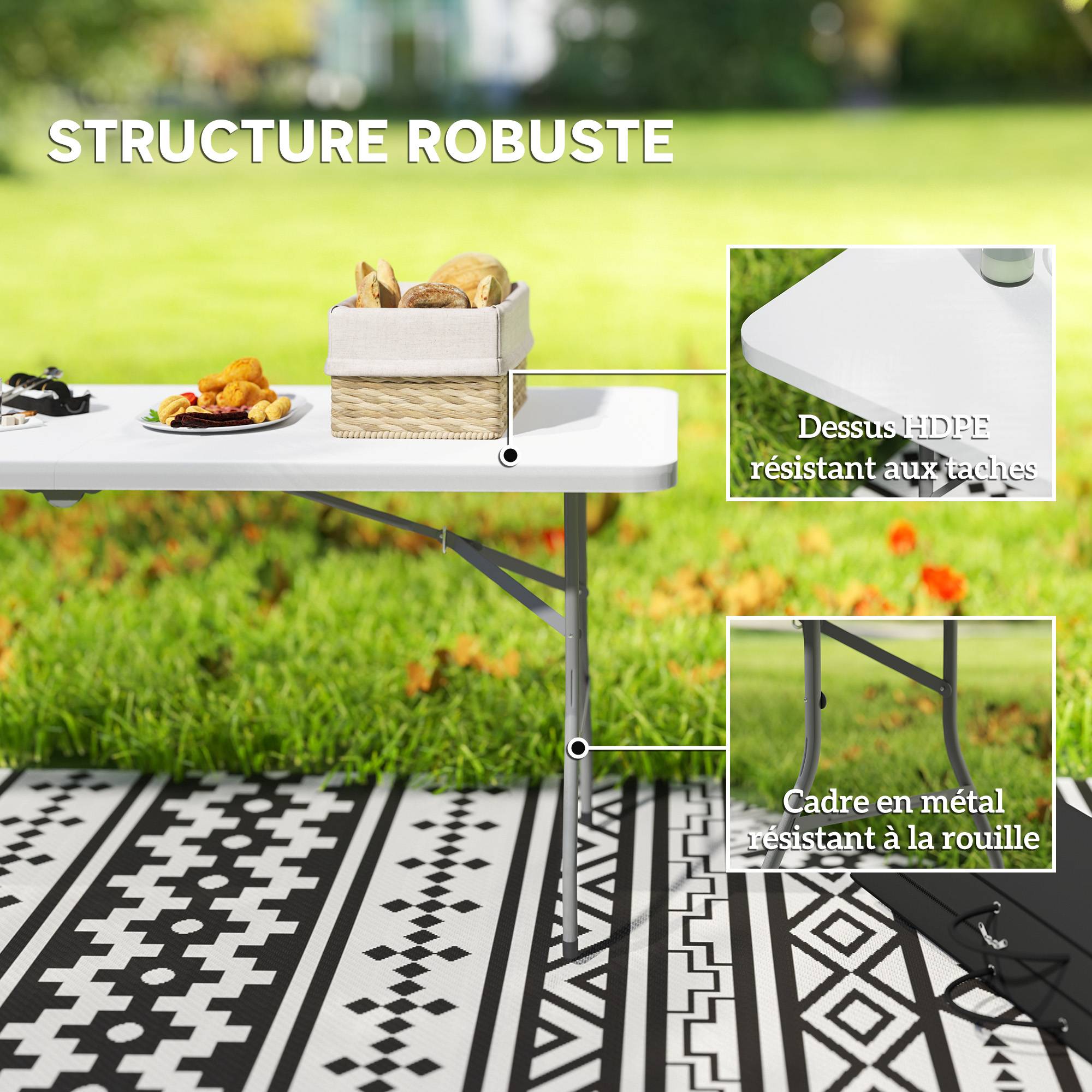 ComfortXL - Table pliante de camping HDPE métal jardin pique-nique transportable 180 x 74 cm blanc - ComfortXL Outdoor Living - Image 7