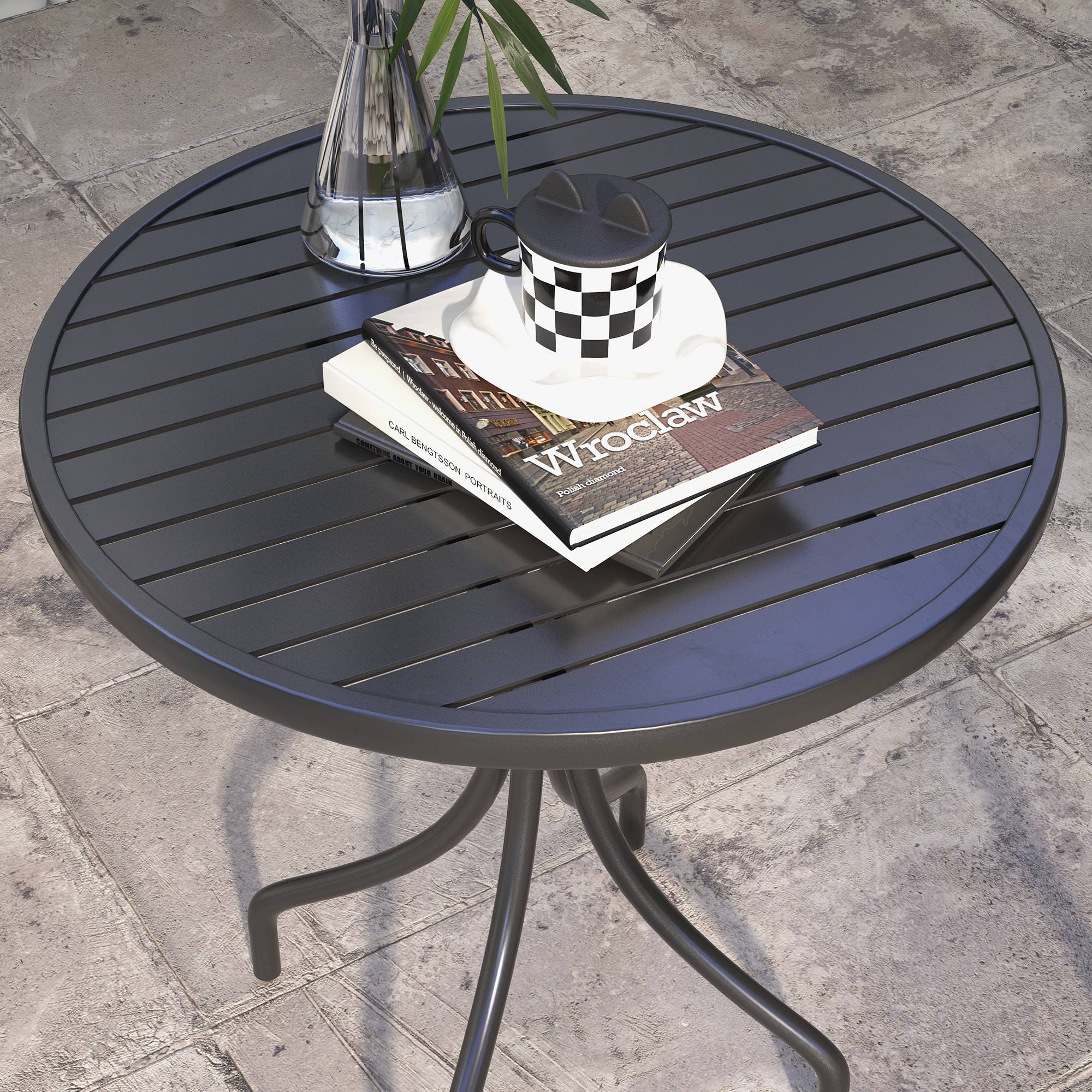 Sans Marque - Table de jardin ronde Ø66cm, table d'exterieur en acier galvanisé avec plateau à lattes pour terrasse, balcon, noir - Image 9