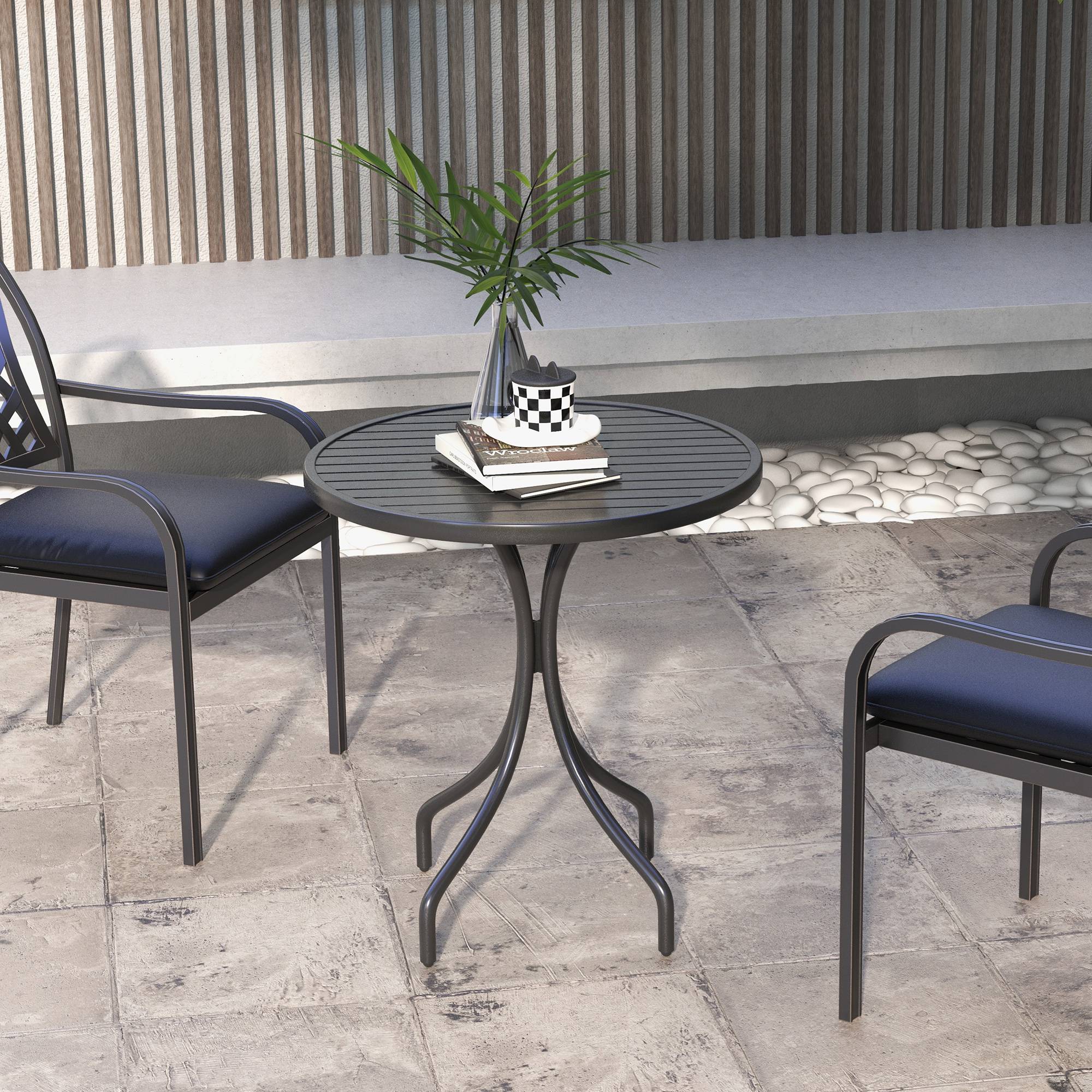 Sans Marque - Table de jardin ronde Ø66cm, table d'exterieur en acier galvanisé avec plateau à lattes pour terrasse, balcon, noir - Image 4