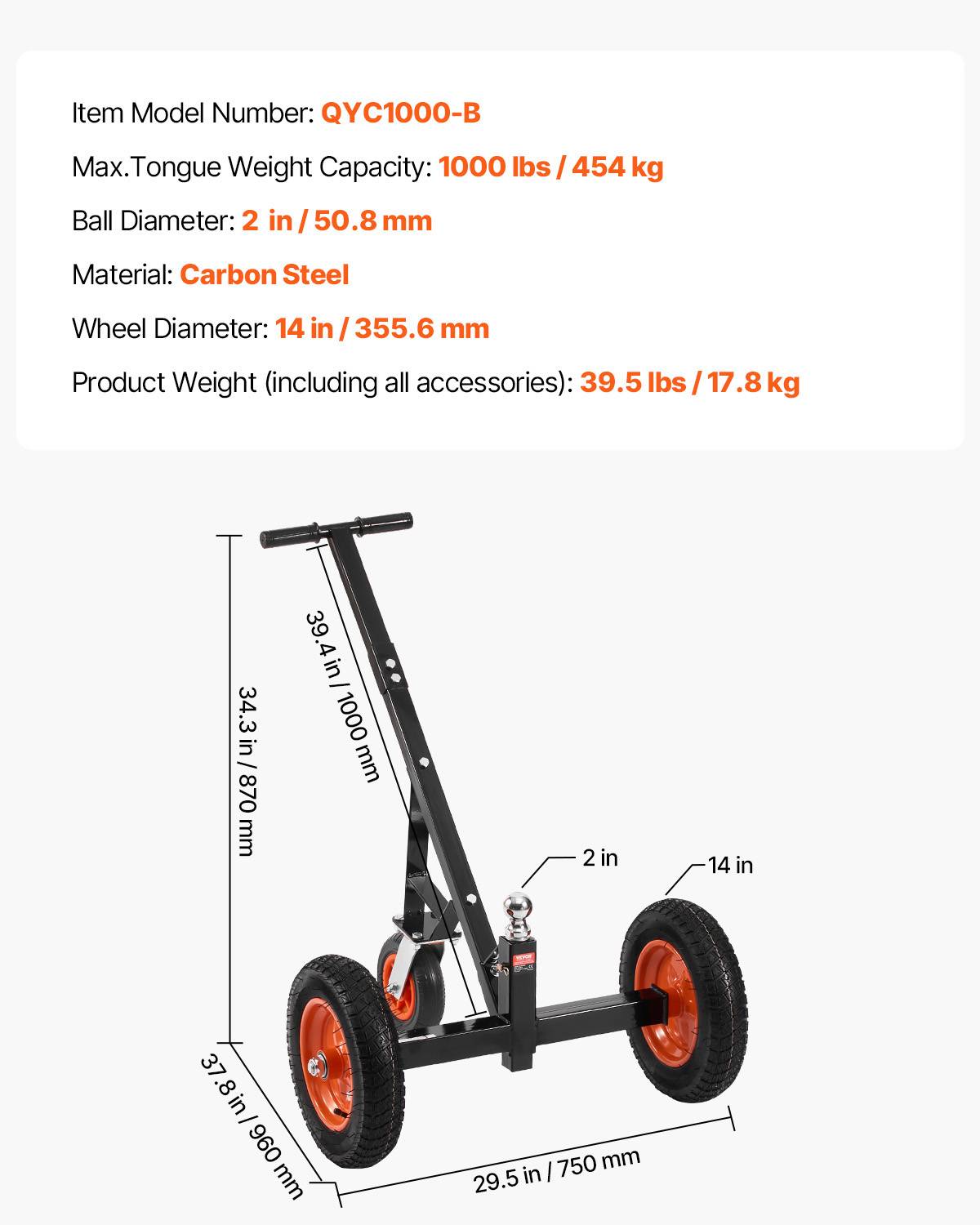 VEVOR Chariot remorque, charge 454kg. Hauteur réglable, boule 50.8mm, pneus pneumatiques. Pour camping-car. - Image 7
