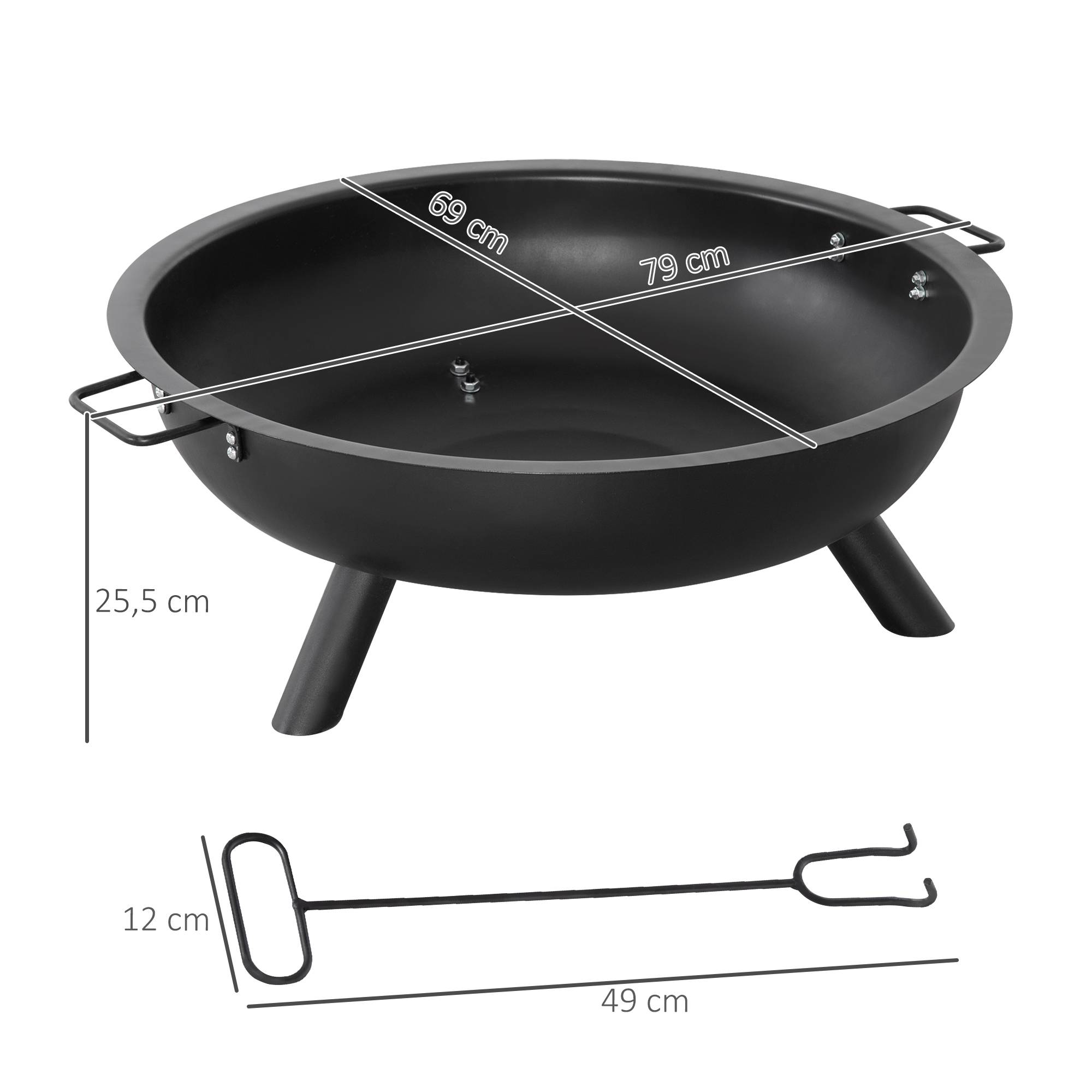 Outsunny - Brasero boule de feu cheminée foyer extérieur dim. 79L x 69l x 25,5H cm 2 poignées tisonnier acier noir - Outsunny - Image 3