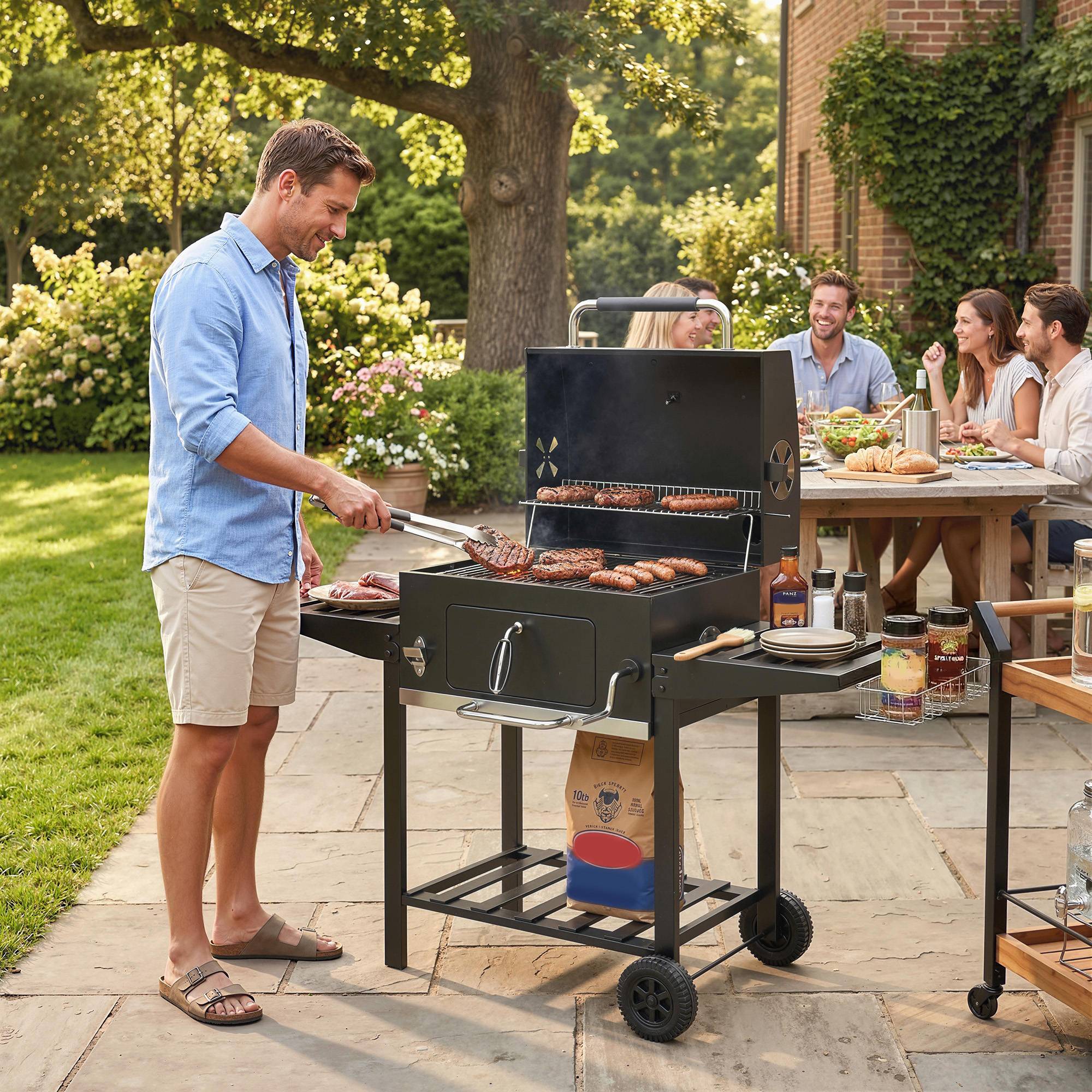 Sans Marque - Barbecue à Carbone à Rotelle avec Griglia Regolabile et Ripiani Pieghevoli, en Acciaio e PP, 133,5x65x110 cm, Nero - Image 4