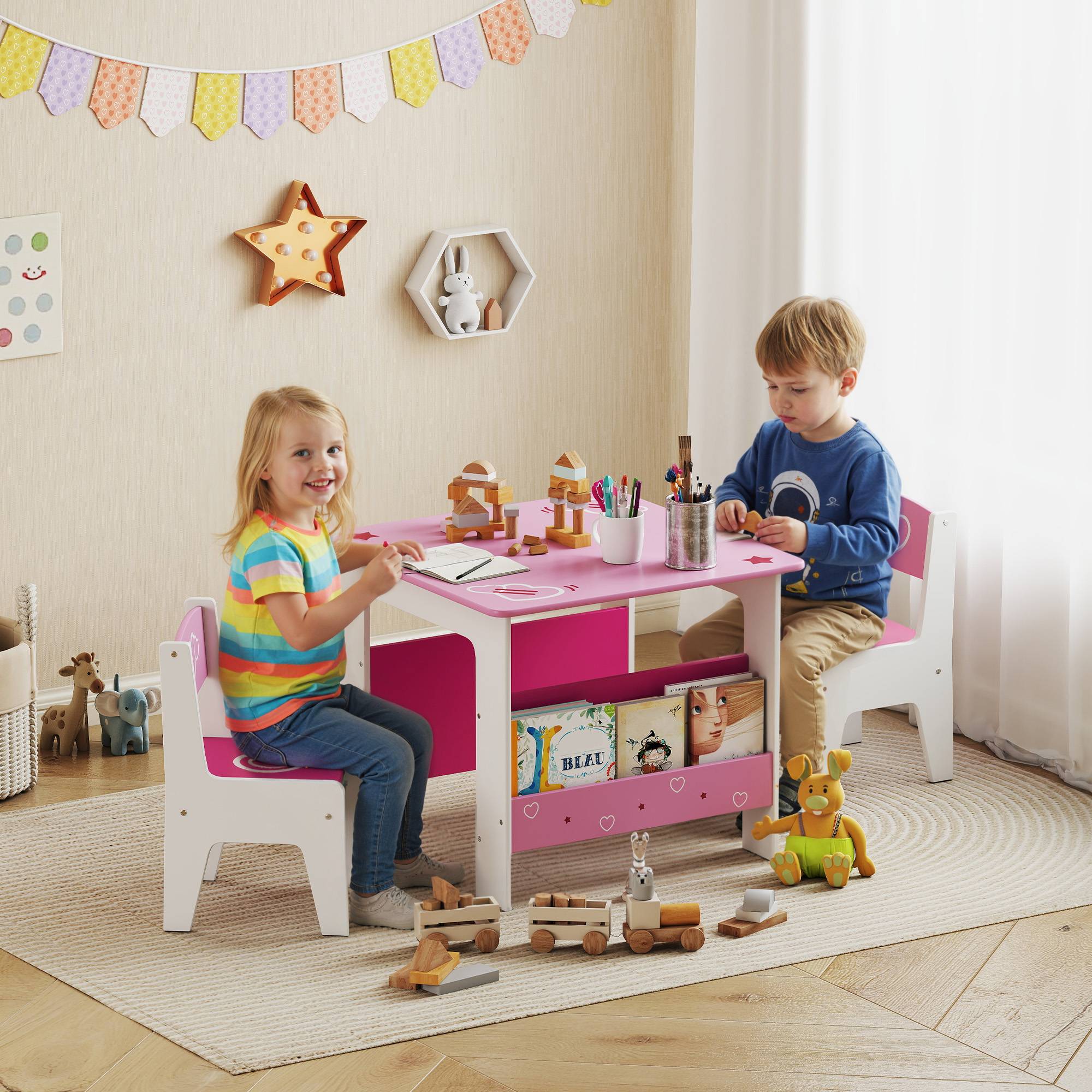 Table avec 2 chaises enfant 3-8 ans, table MDF étagère motifs cœur, rose - Image 3