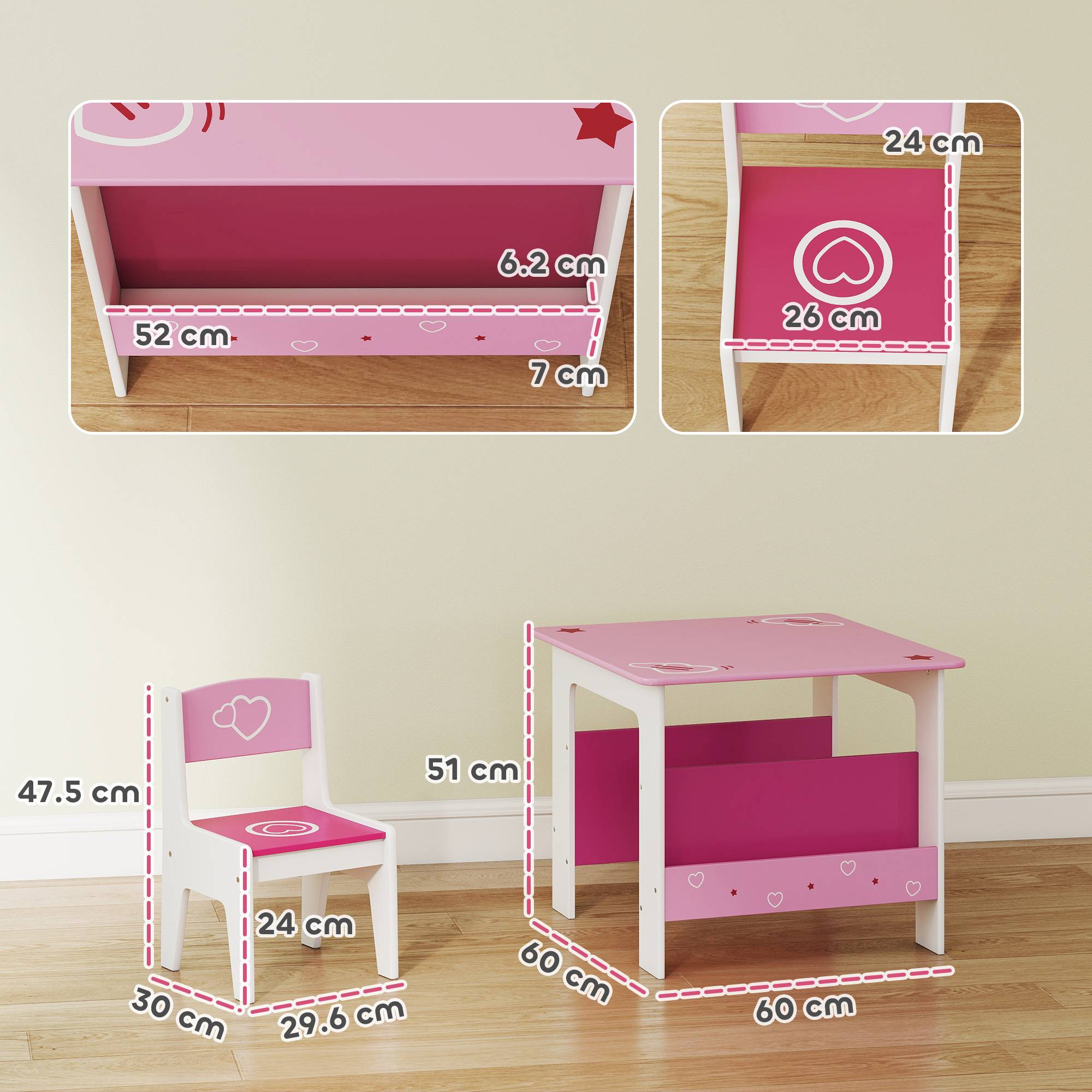 Table avec 2 chaises enfant 3-8 ans, table MDF étagère motifs cœur, rose - Image 5