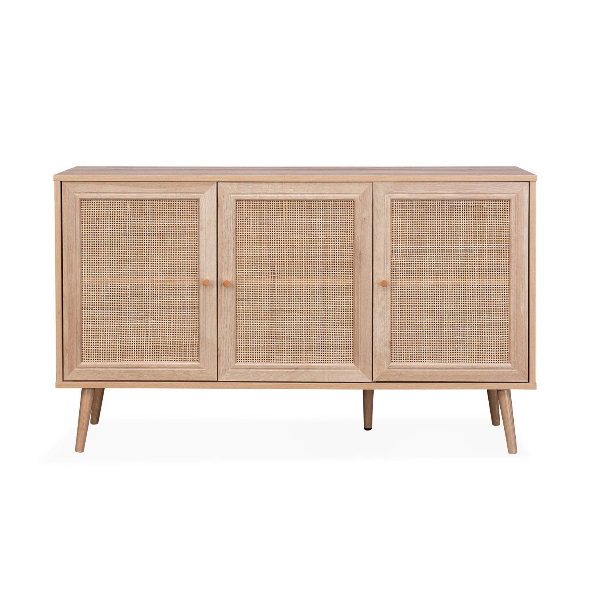 Buffet de rangement en cannage 120x39x70cm  - Bohème - 2 niveaux. 3 portes. pieds scandinaves. buffet bas | sweeek - Image 5