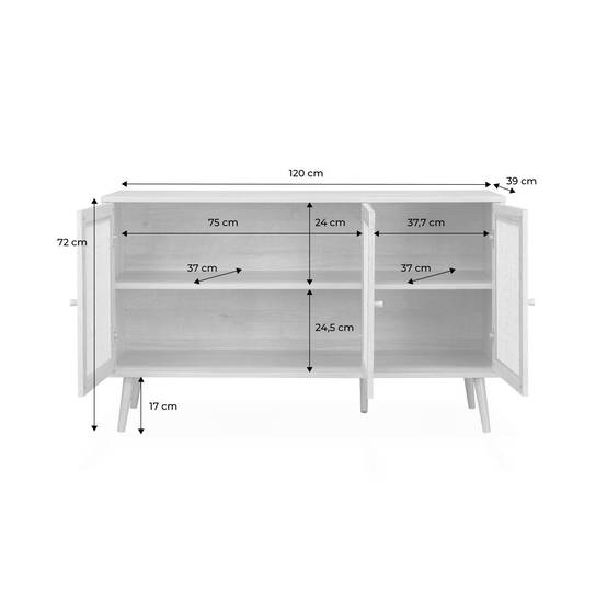 Buffet de rangement en cannage 120x39x70cm - Bohème - 2 niveaux. 3 portes. pieds scandinaves. buffet bas | sweeek - Image 4