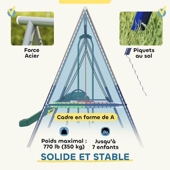 ComfortXL - Portique balançoire 5 en 1 en acier multicolore 382 cm pour jardin avec toboggan et balançoires réglables - Image 5