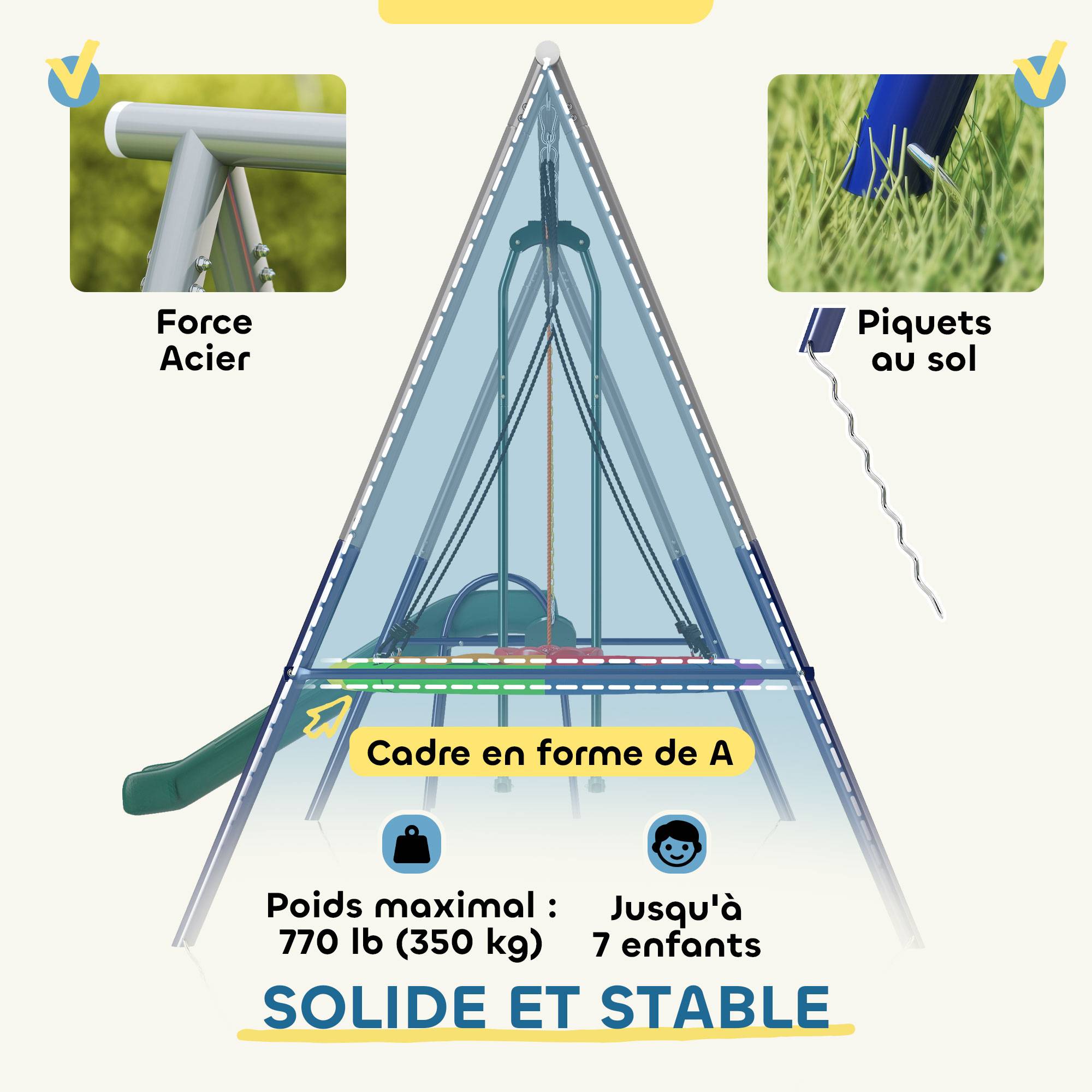 ComfortXL - Portique balançoire 5 en 1 en acier multicolore 382 cm pour jardin avec toboggan et balançoires réglables - Image 5