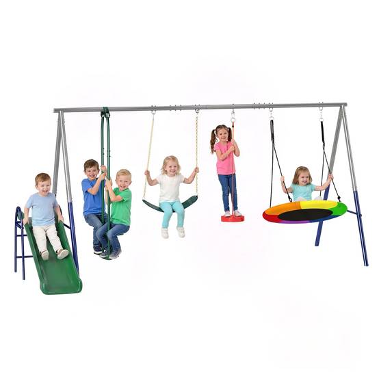 ComfortXL - Portique balançoire 5 en 1 en acier multicolore 382 cm pour jardin avec toboggan et balançoires réglables - Image 2