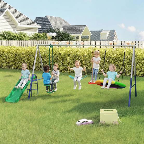 ComfortXL - Portique balançoire 5 en 1 en acier multicolore 382 cm pour jardin avec toboggan et balançoires réglables - Image 1