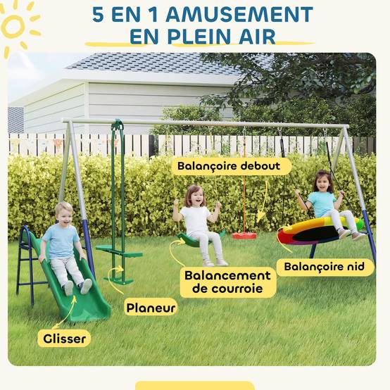ComfortXL - Portique balançoire 5 en 1 en acier multicolore 382 cm pour jardin avec toboggan et balançoires réglables - Image 4