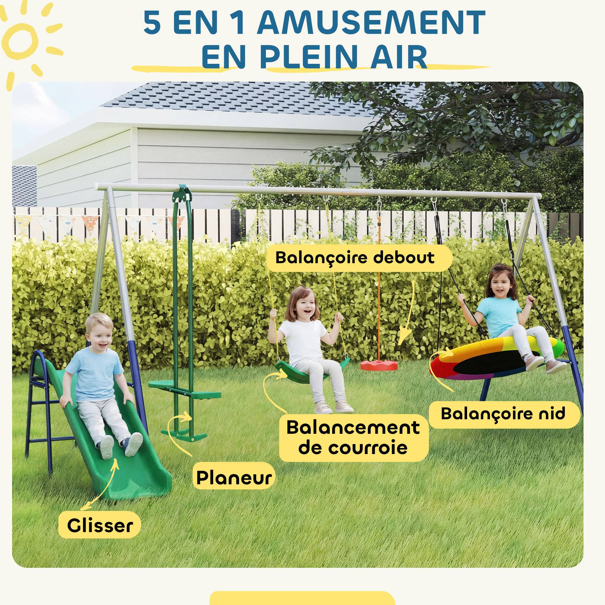 ComfortXL - Portique balançoire 5 en 1 en acier multicolore 382 cm pour jardin avec toboggan et balançoires réglables - Image 4