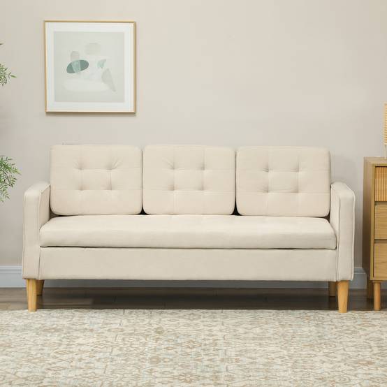 Canapé 3 places en flanelle de neige, canapé moderne avec rangement caché, dossier capitonné, 166,5 x 62 x 82 cm, crème - Image 9