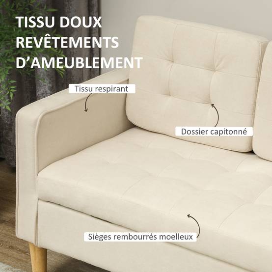 Canapé 3 places en flanelle de neige, canapé moderne avec rangement caché, dossier capitonné, 166,5 x 62 x 82 cm, crème - Image 6