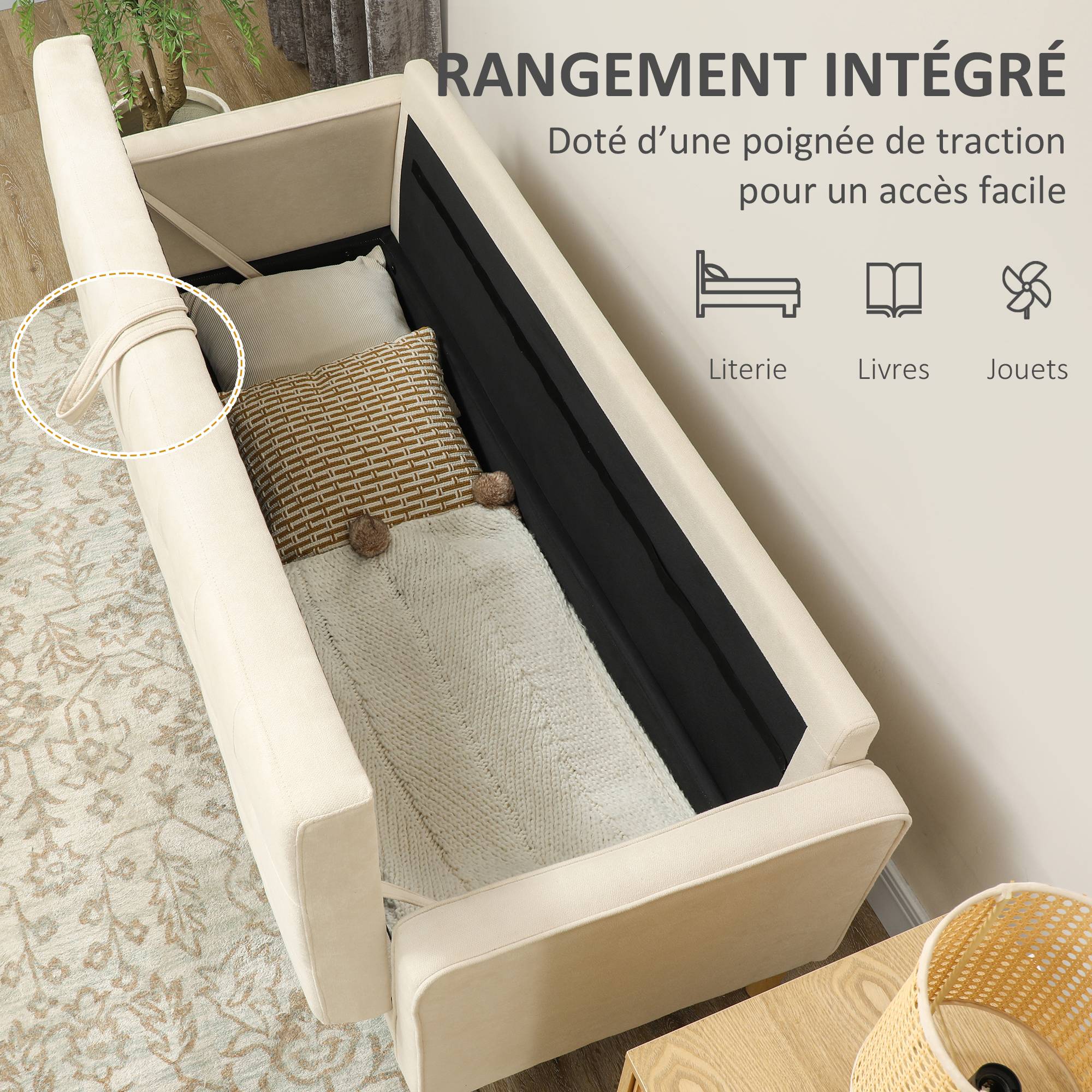Canapé 3 places en flanelle de neige, canapé moderne avec rangement caché, dossier capitonné, 166,5 x 62 x 82 cm, crème - Image 8