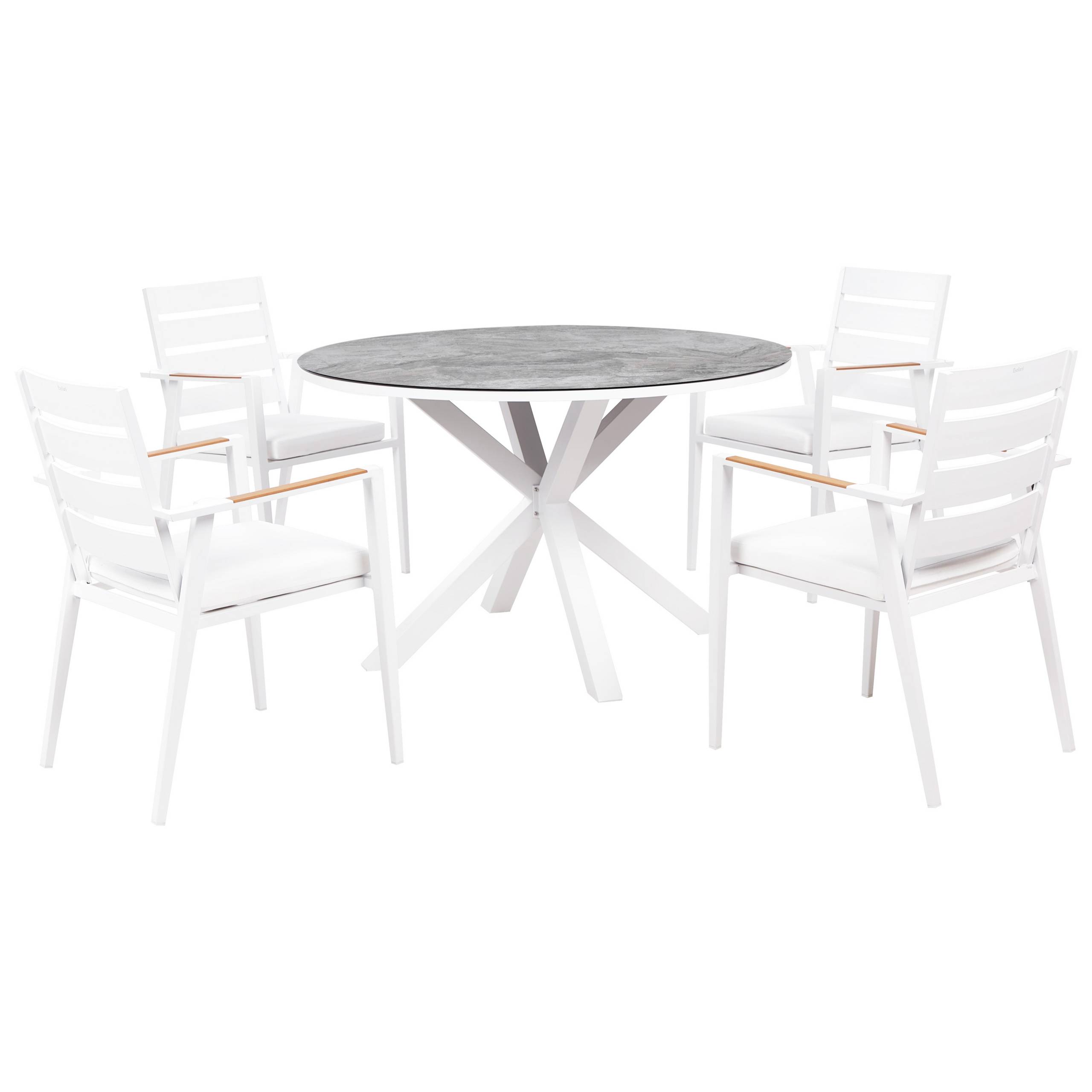 Beliani - Salle à Manger de Jardin Blanc en Aluminium Table Ronde Effet Marbre avec 4 Chaises et Coussins Pour Repas Convivial en Extérieur - Image 1