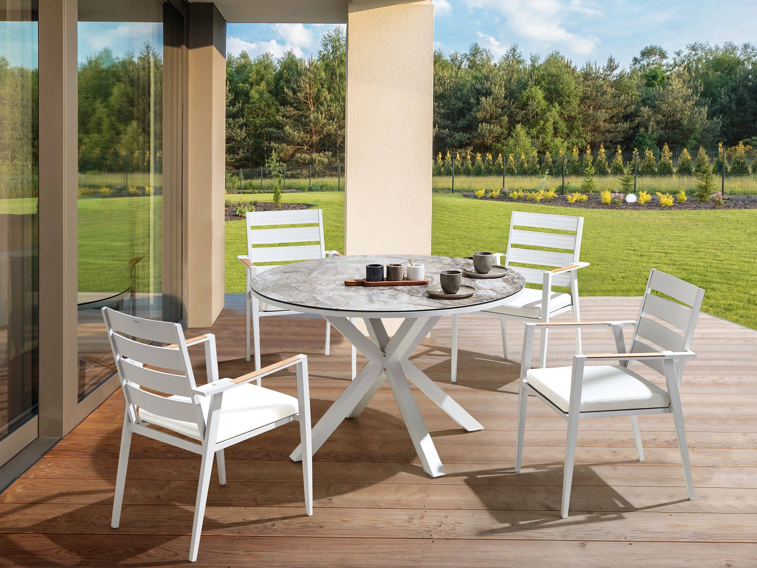 Beliani - Salle à Manger de Jardin Blanc en Aluminium Table Ronde Effet Marbre avec 4 Chaises et Coussins Pour Repas Convivial en Extérieur - Image 2