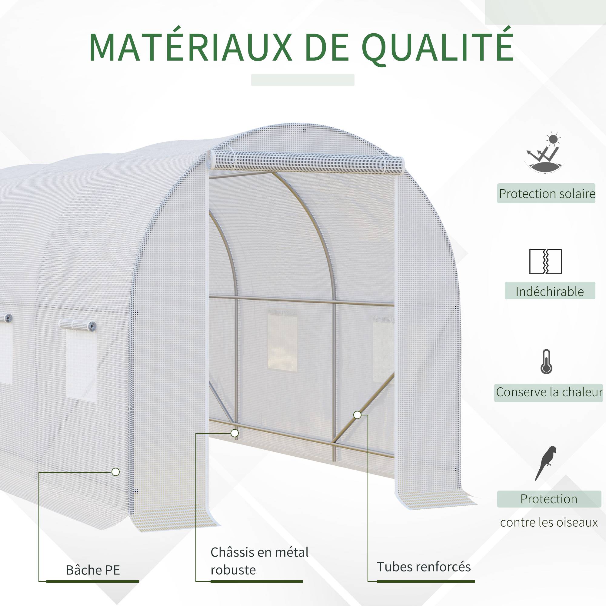 Serre tunnel de jardin 7m², serre de jardin tunnel avec porte et 6 fenêtres, bâche PE 140 g/m² 350 x 200 x 200 cm blanc - Image 7
