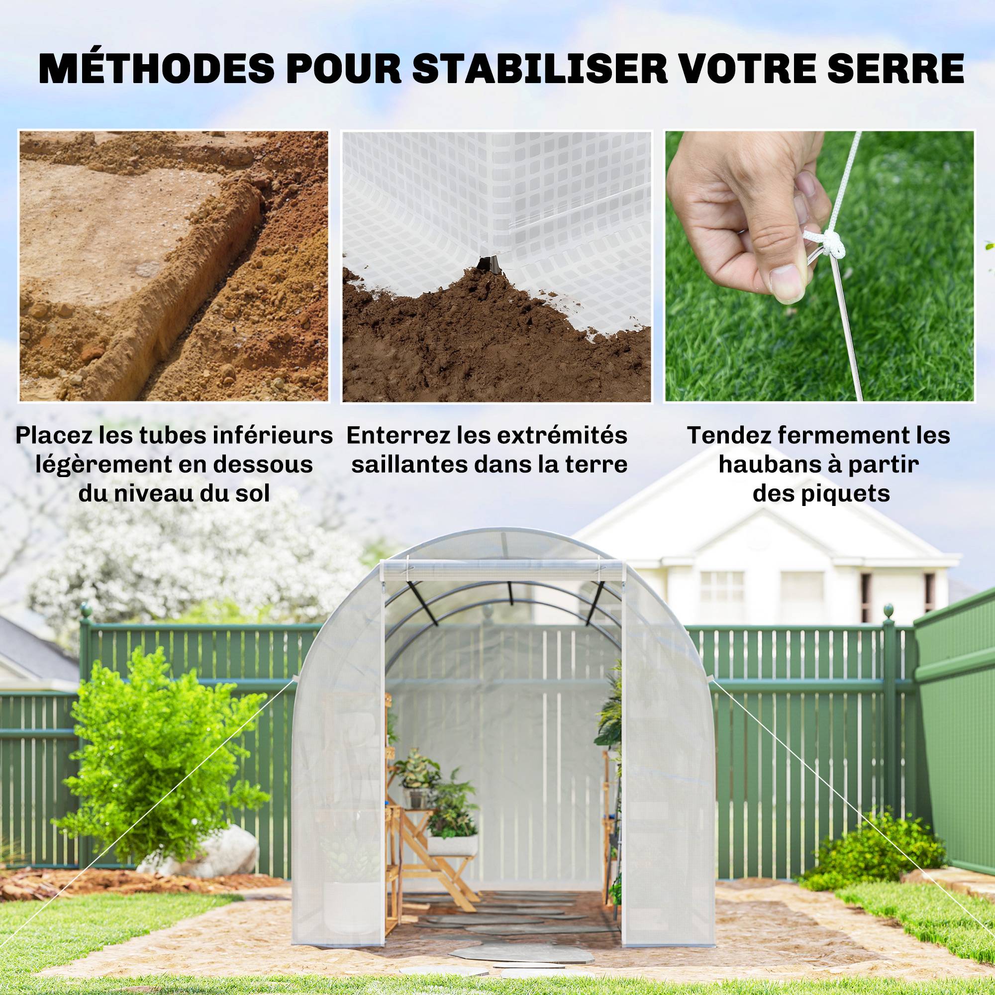 Serre tunnel de jardin 7m², serre de jardin tunnel avec porte et 6 fenêtres, bâche PE 140 g/m² 350 x 200 x 200 cm blanc - Image 9