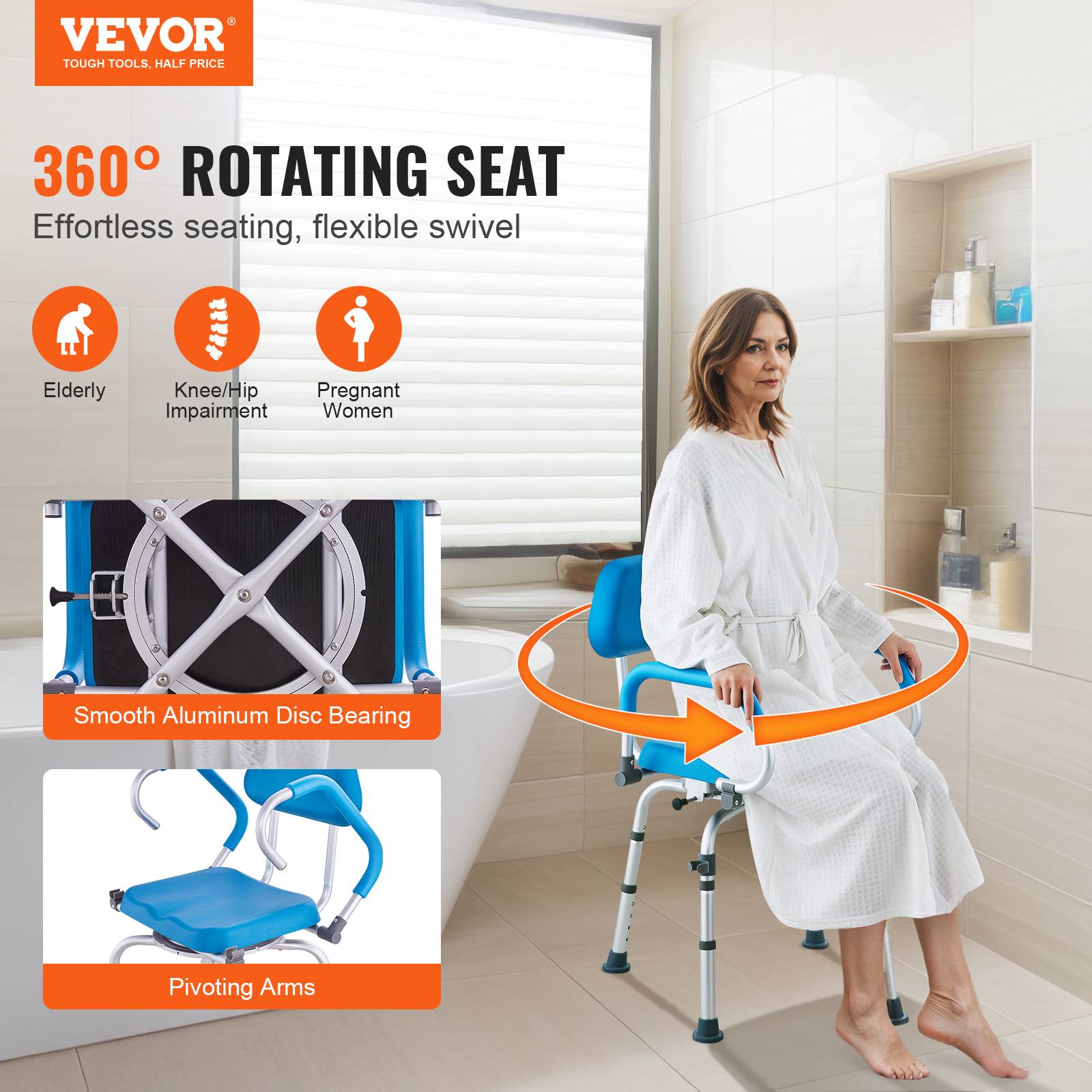 Vevor - VEVOR Chaise douche pivotante 360°, siège réglable/rembourré, antidérapant, capacité 300kg, pour personnes âgées. - Image 2