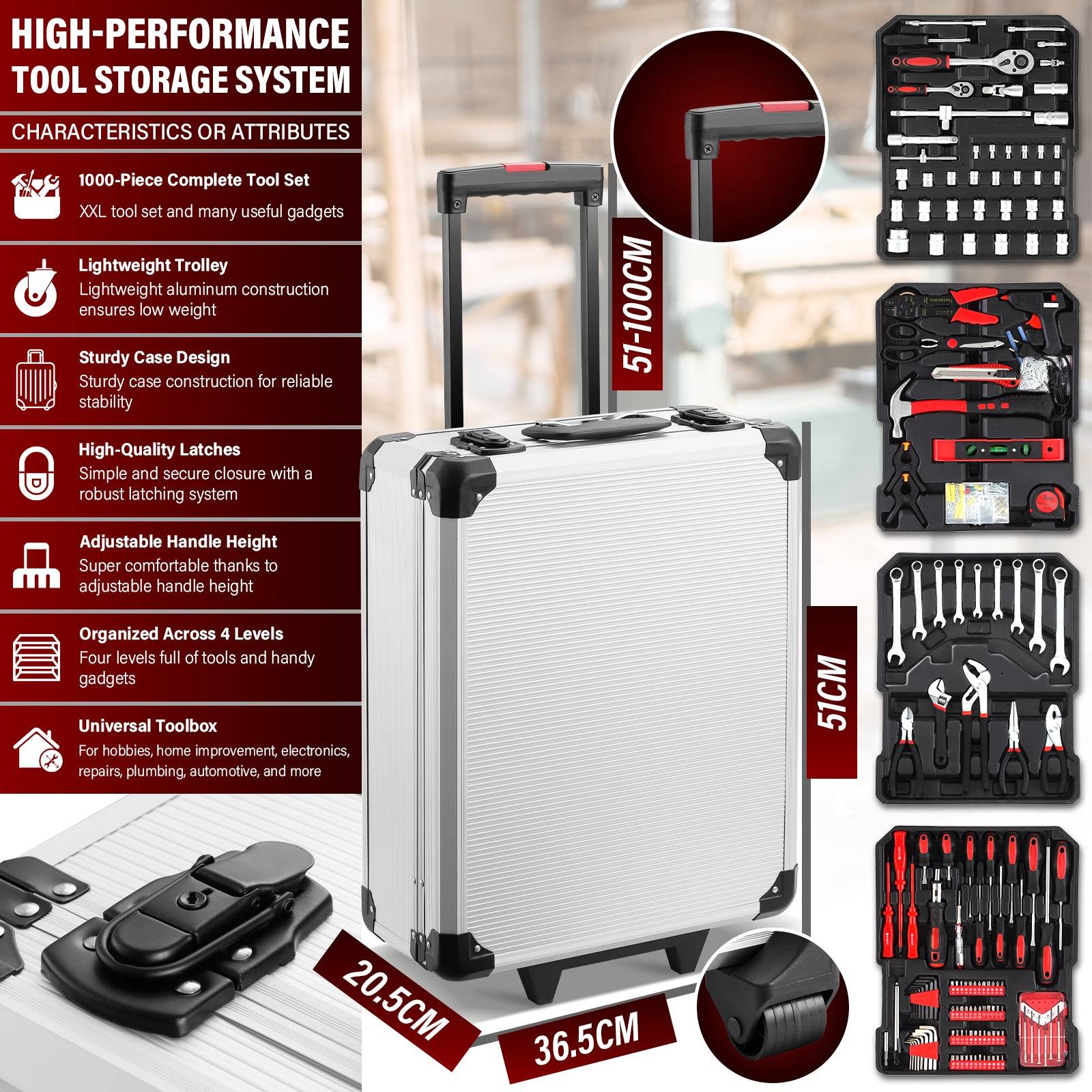 Coffret à Outils 1000 Pièces Professionnel - Valise Roulante Aluminium avec Poignée Télescopique et Outils Chrome Vanadium pour Mécanique - Image 2