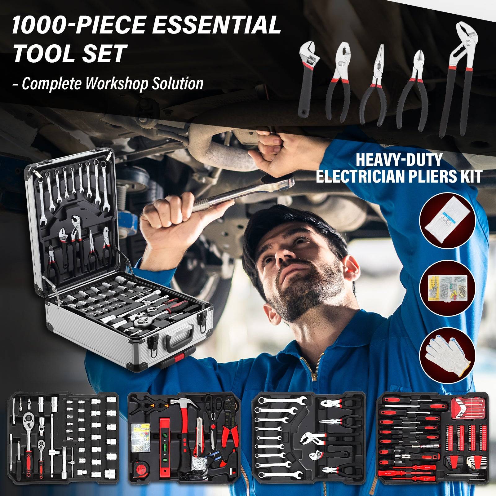 Coffret à Outils 1000 Pièces Professionnel - Valise Roulante Aluminium avec Poignée Télescopique et Outils Chrome Vanadium pour Mécanique - Image 5