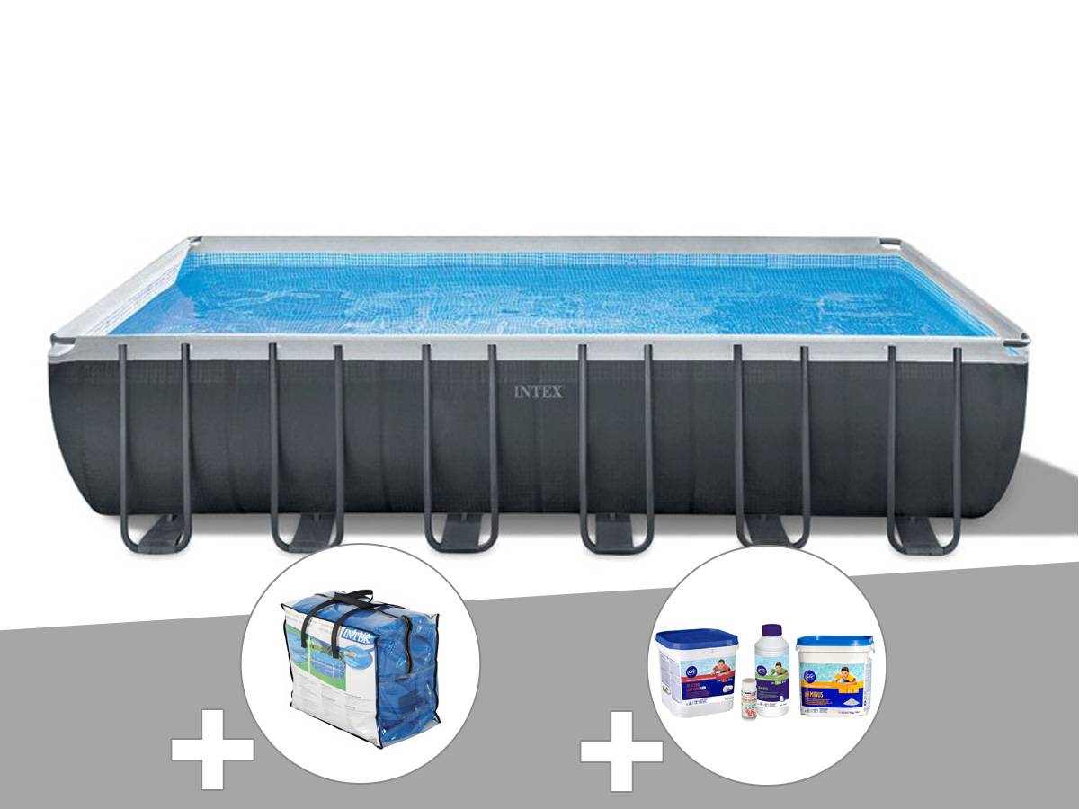 Kit piscine tubulaire Intex Ultra XTR Frame rectangulaire 7,32 x 3,66 x 1,32 m + Bâche à bulles + Kit de traitement au chlore