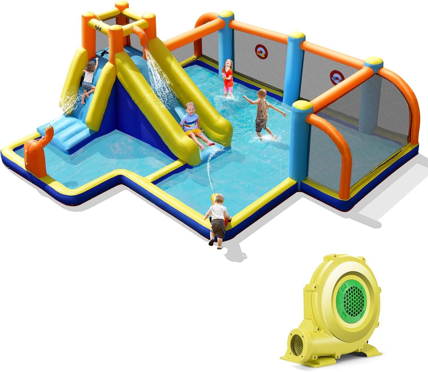 COSTWAY Château Gonflable Géant Avec 2 Toboggans, 2 Piscines, Panier Basket Et Mur D'Escalade – Aire De Jeux Aquatique Intérieur/Extérieur Pour 3 Enfants De 3 à 12 Ans