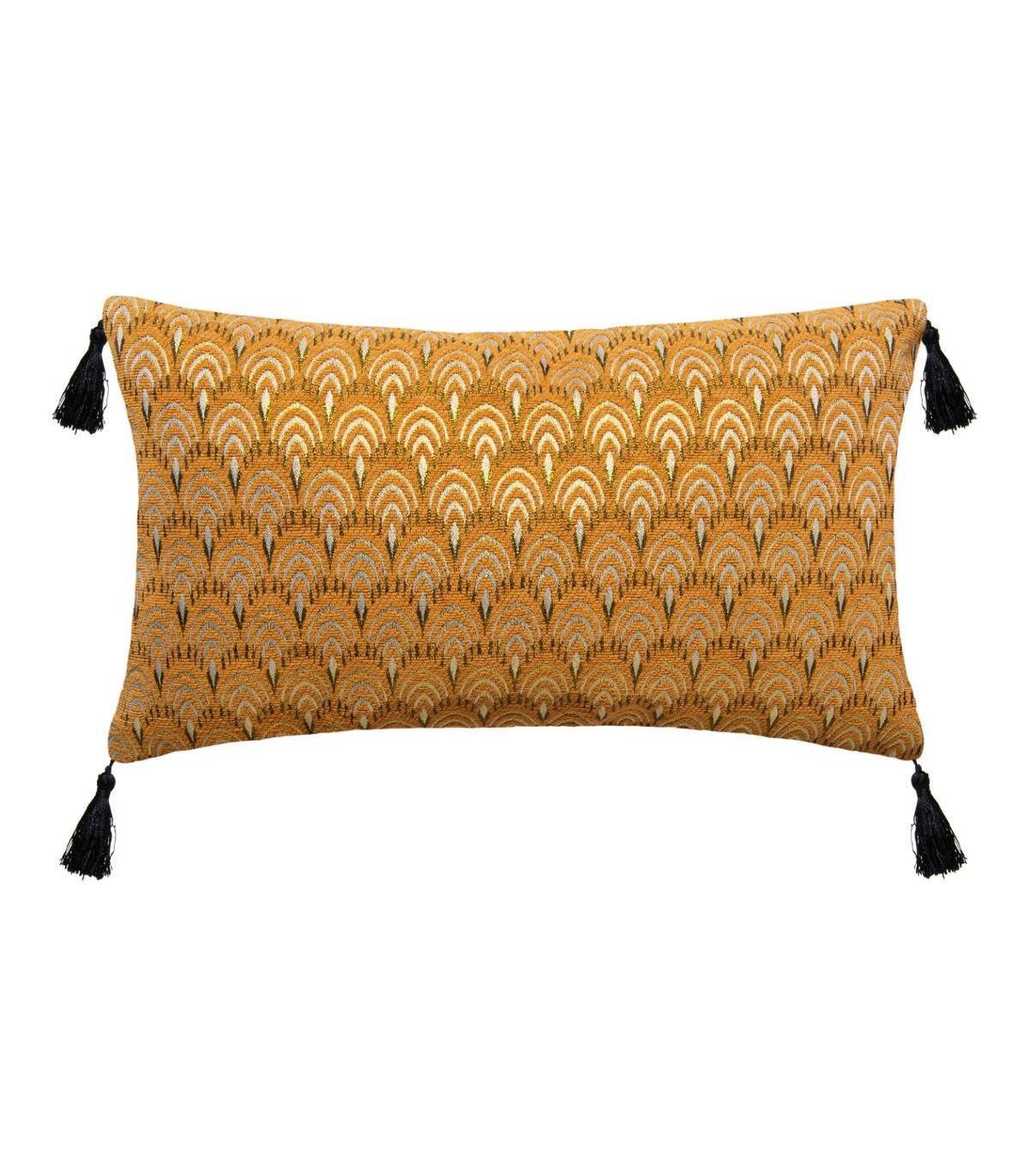 Coussin déhoussable Jacquard Ocre avec pompons 30 x 50 cm - Image 1