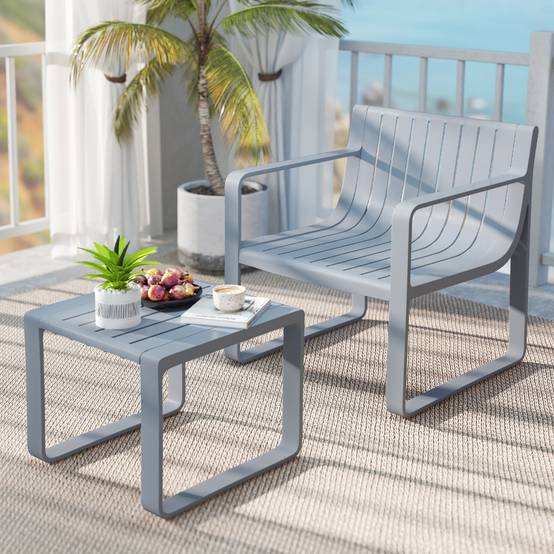 Salon de Jardin 2 Pièces avec Table Basse Carrée Ensemble de Mobilier de Patio en PP Résistante aux Intempéries Gris F190R - Image 2