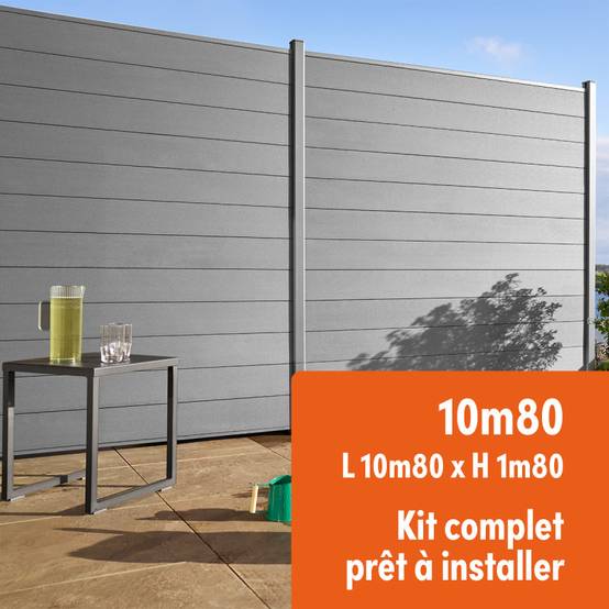 Kit clôture composite et aluminium à sceller H 1m80 L 10m80 gris quartz avec renforts acier - Palissade - Brise vue - Easy Clôture - Image 1