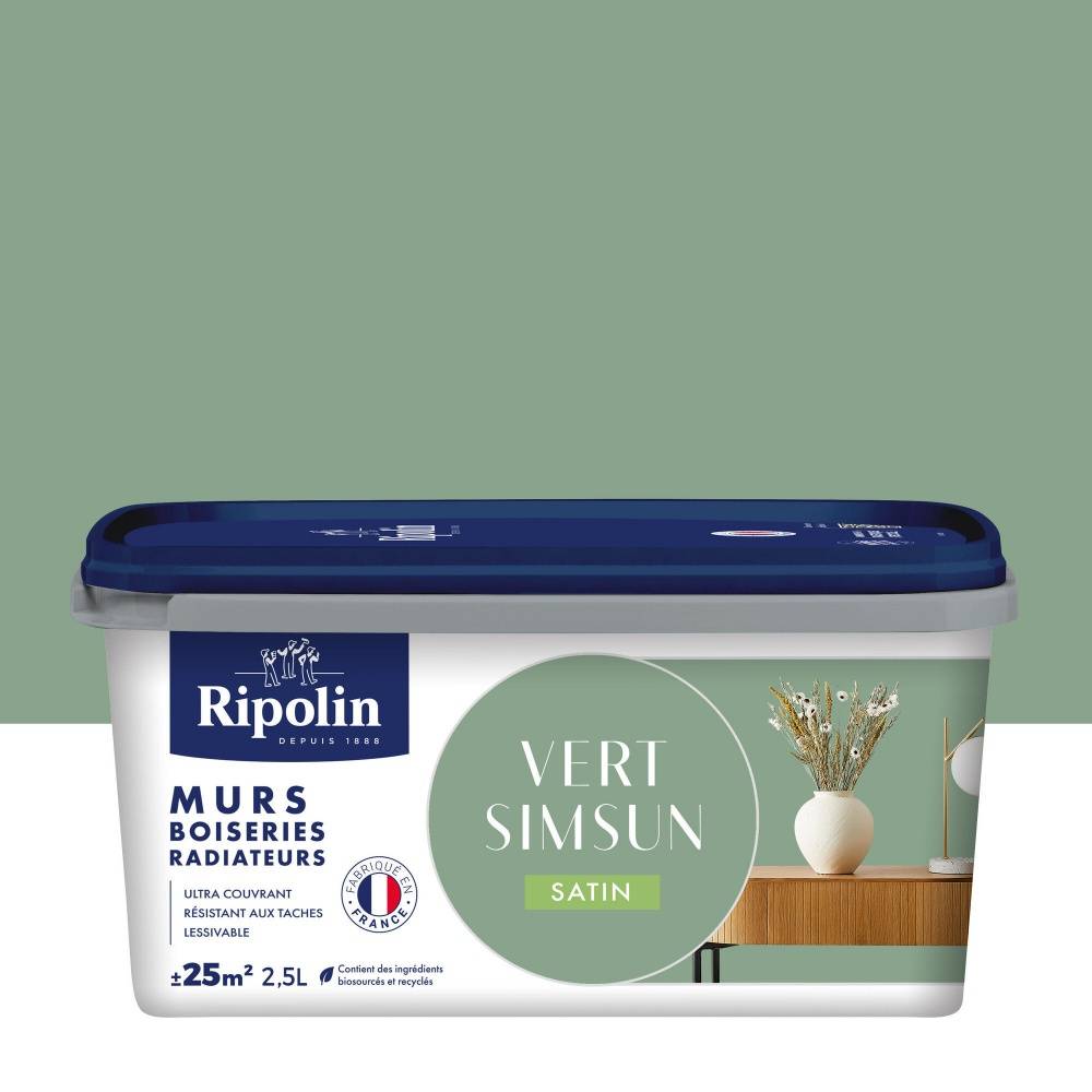 Ripolin - Peinture intérieur mur/boiserie/radiateur satiné, RIPOLIN,  vert simsun, 2.5 litres