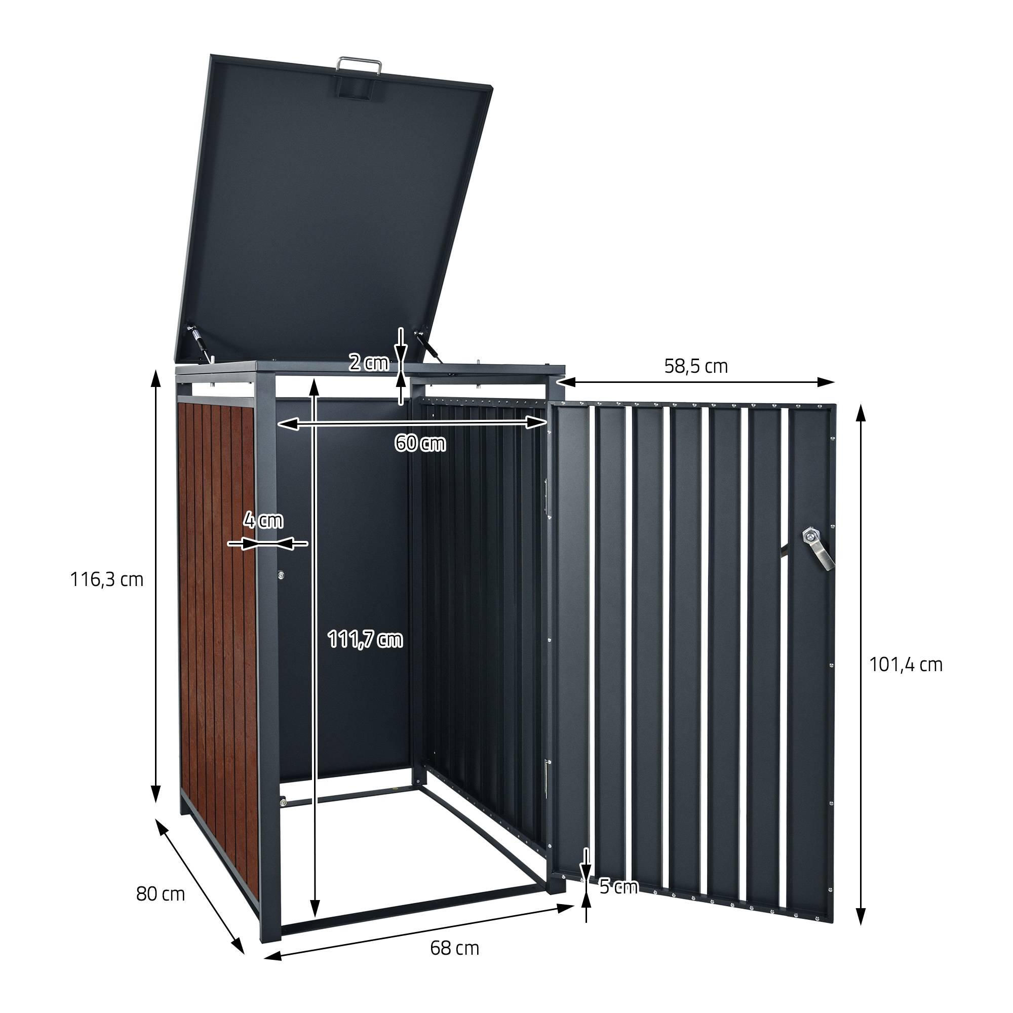 Abri pour 3 poubelles 200x80x116,3 cm capacité de 60L à 240L anthracite/aspect rouillé acier couvercle rabattable/3 portes résistant aux intempéries - Image 5