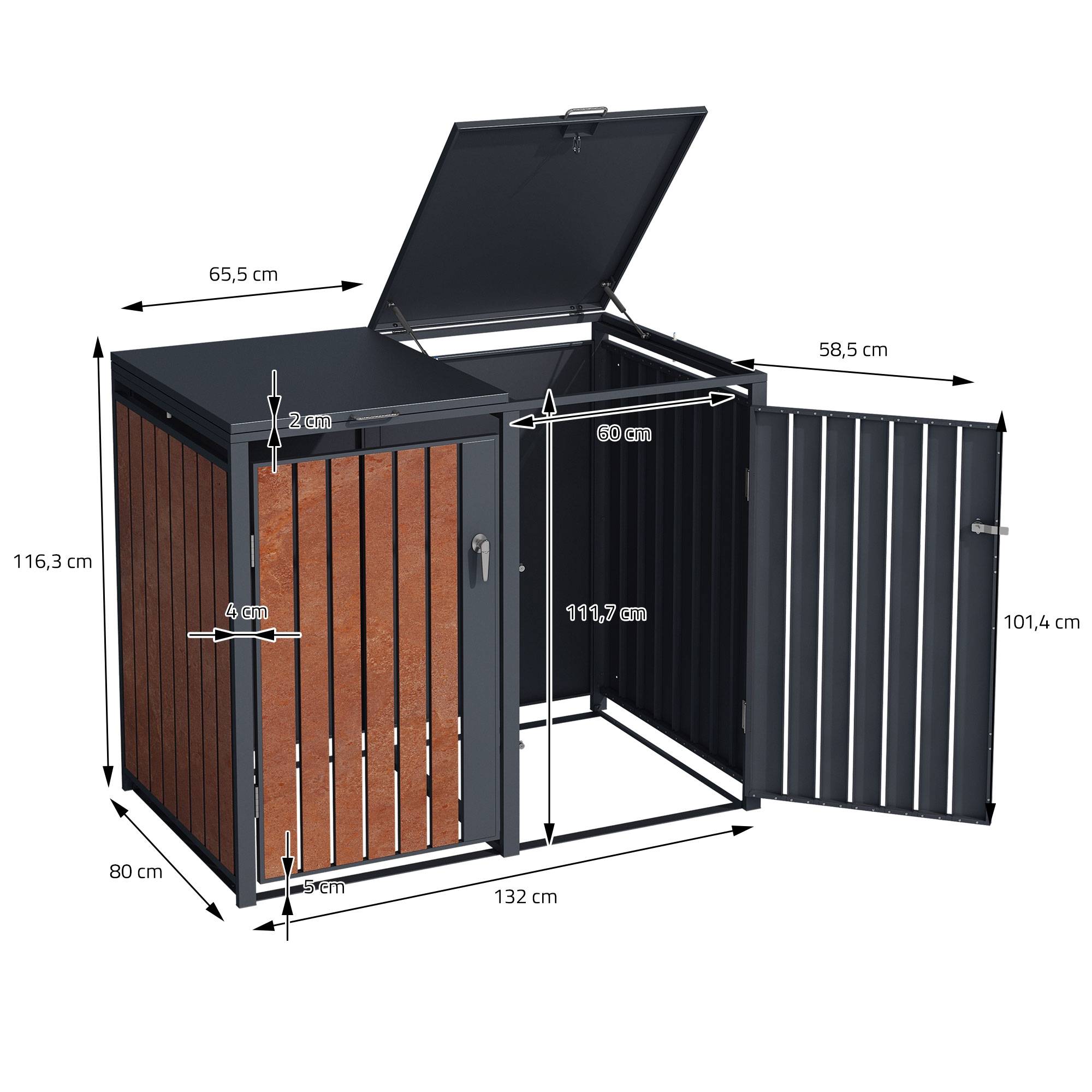 Abri pour 3 poubelles 200x80x116,3 cm capacité de 60L à 240L anthracite/aspect rouillé acier couvercle rabattable/3 portes résistant aux intempéries - Image 8